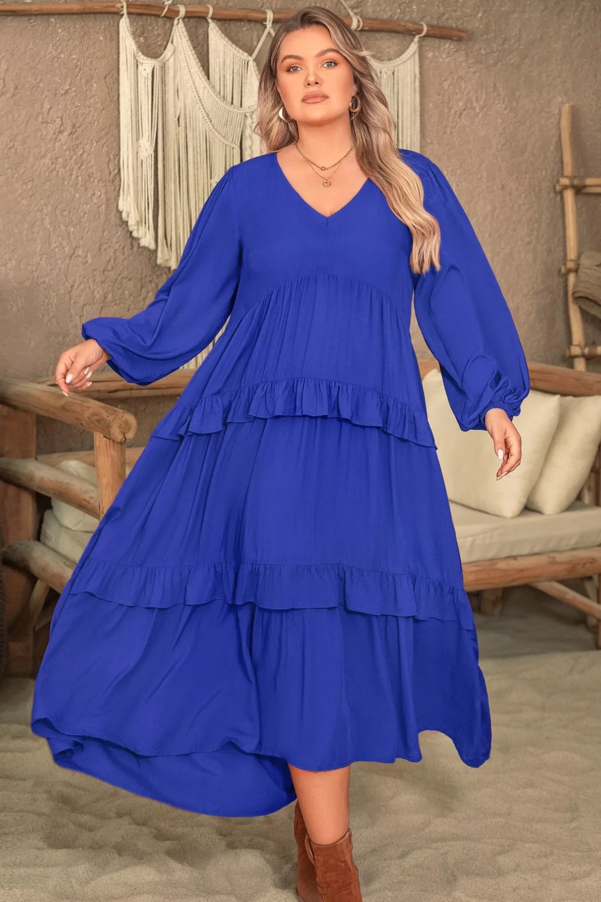 Plus Size Balloon Sleeve Ruffle Tiered Flowy Dress-Stay Foxy Boutique, Florissant, Missouri
