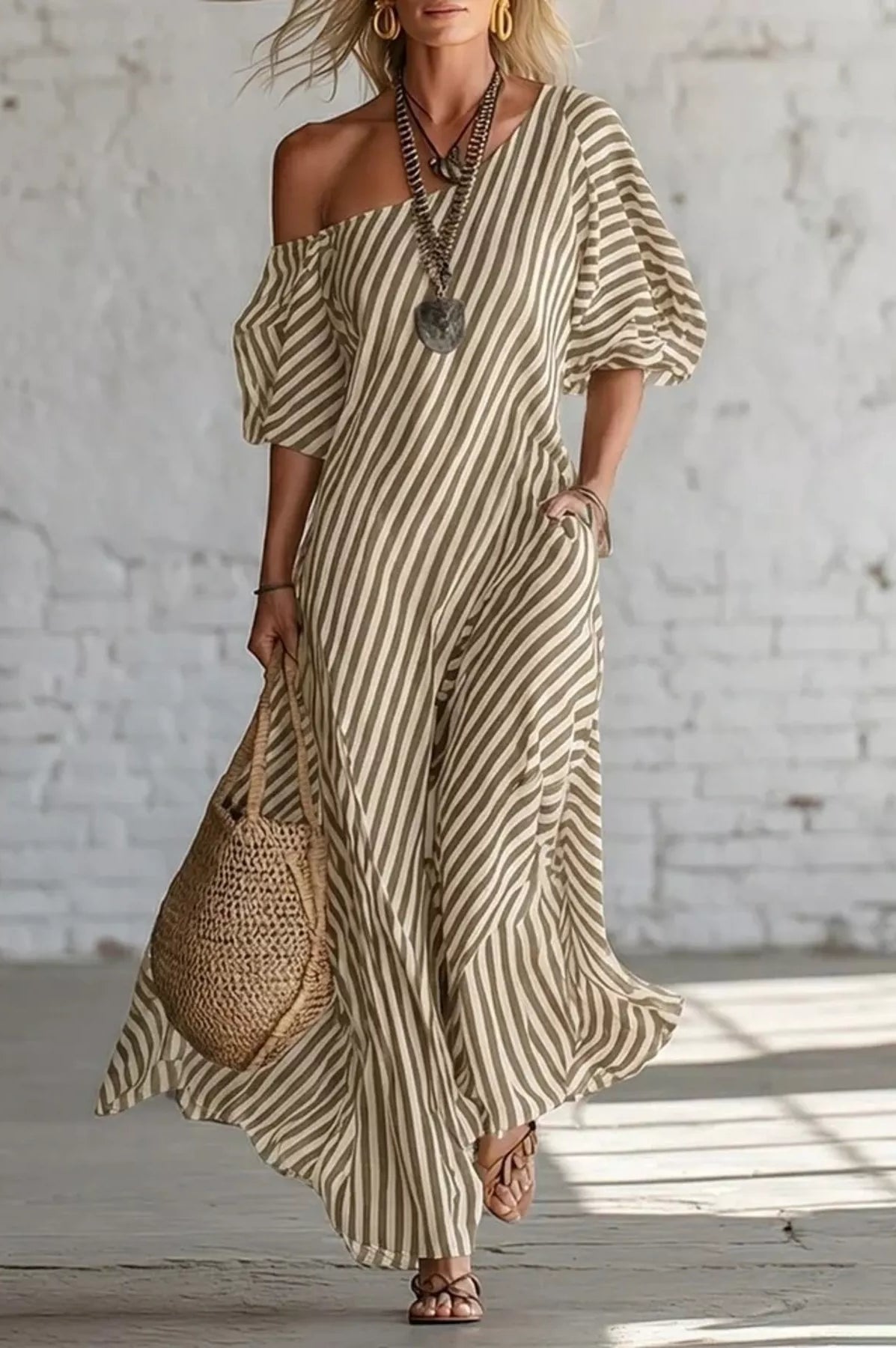 Full Size Striped One-Shoulder Casual Maxi Dress Plus Size-Stay Foxy Boutique, Florissant, Missouri