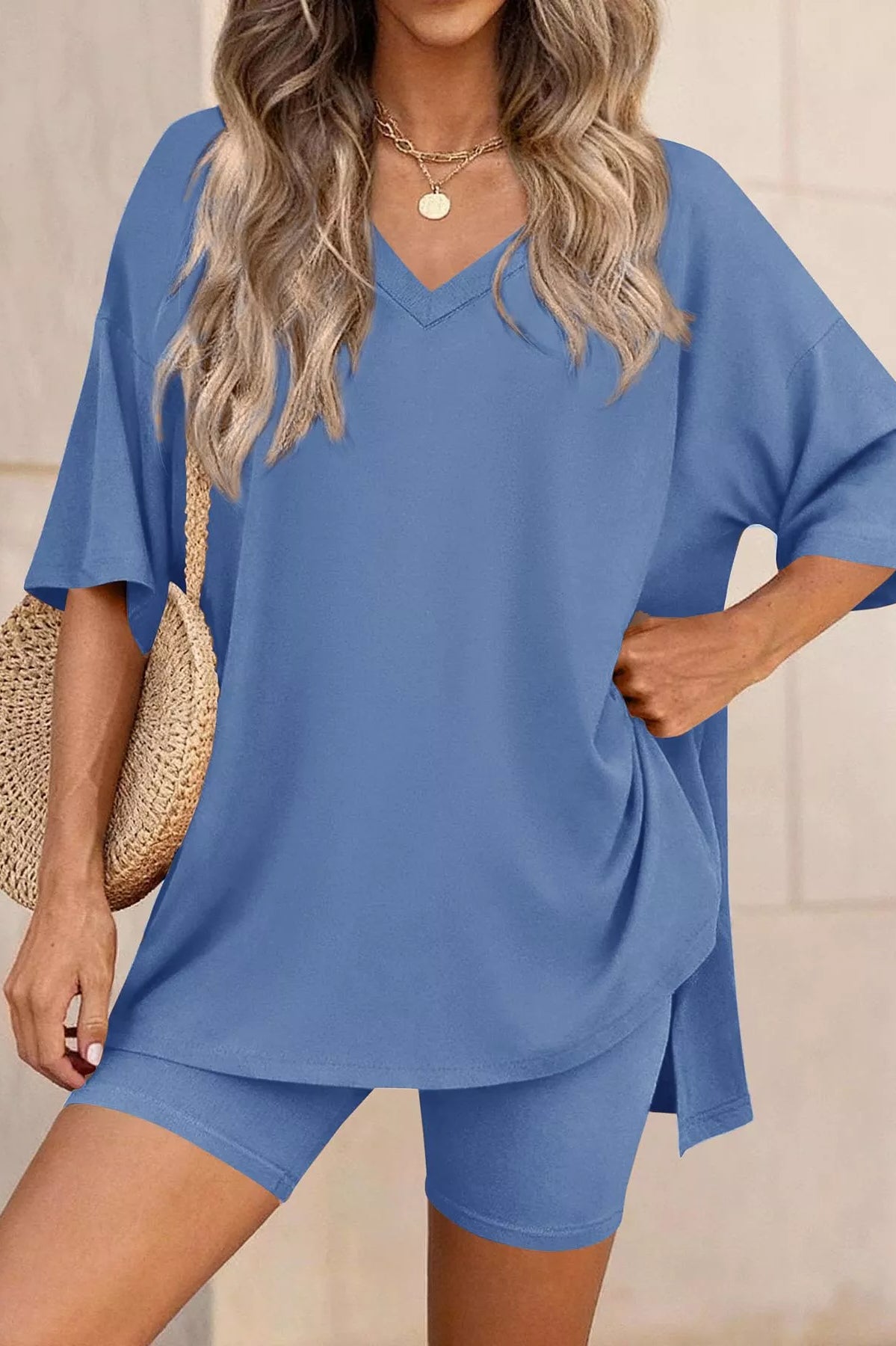 Full Size Casual Loose V-Neck T-Shirt & Shorts Set Plus Size-Stay Foxy Boutique, Florissant, Missouri