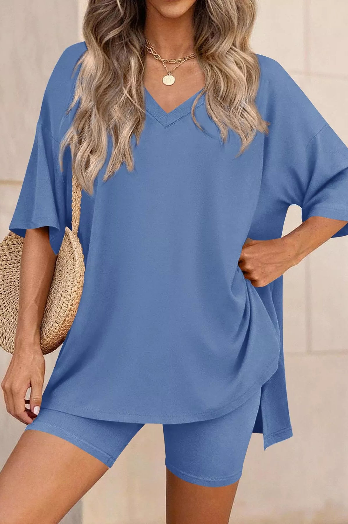 Full Size Casual Loose V-Neck T-Shirt & Shorts Set Plus Size-Stay Foxy Boutique, Florissant, Missouri