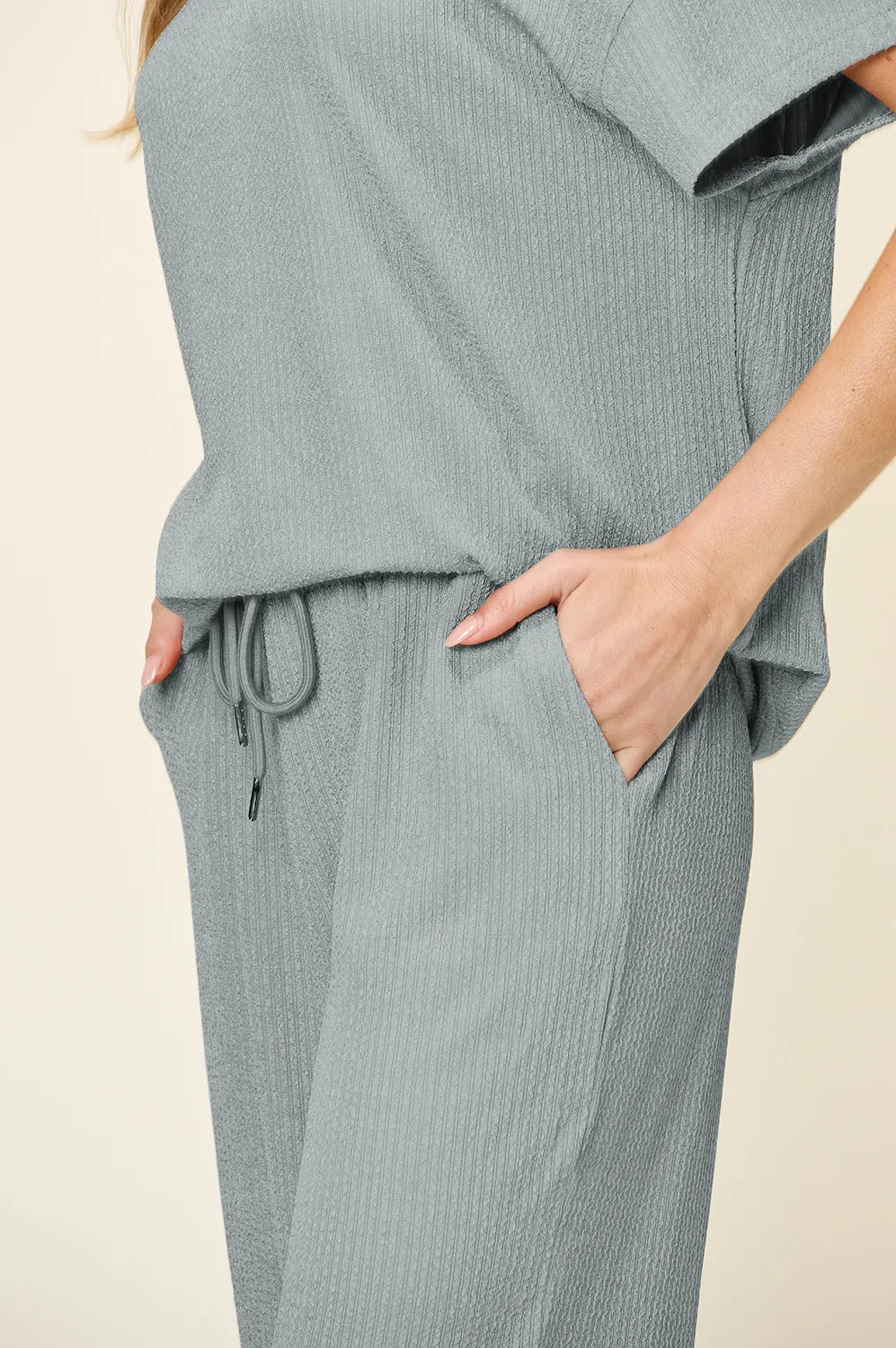 Double Take Full Size Texture Round Neck Short Sleeve T-Shirt and Wide Leg Pants-Stay Foxy Boutique, Florissant, Missouri