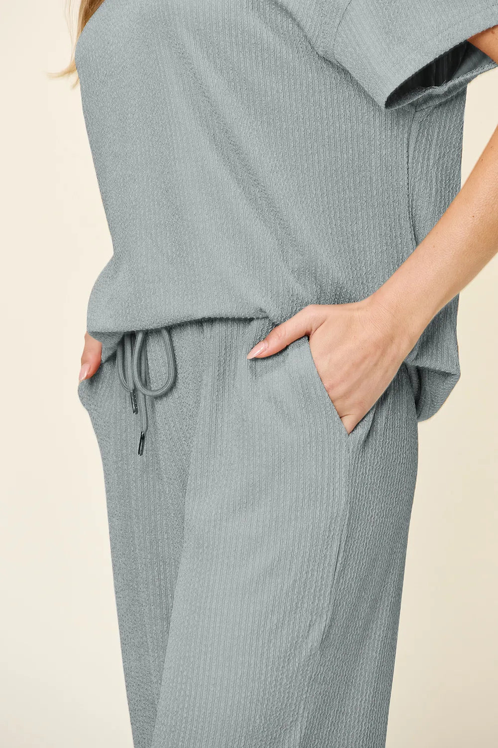 Double Take Full Size Texture Round Neck Short Sleeve T-Shirt and Wide Leg Pants-Stay Foxy Boutique, Florissant, Missouri