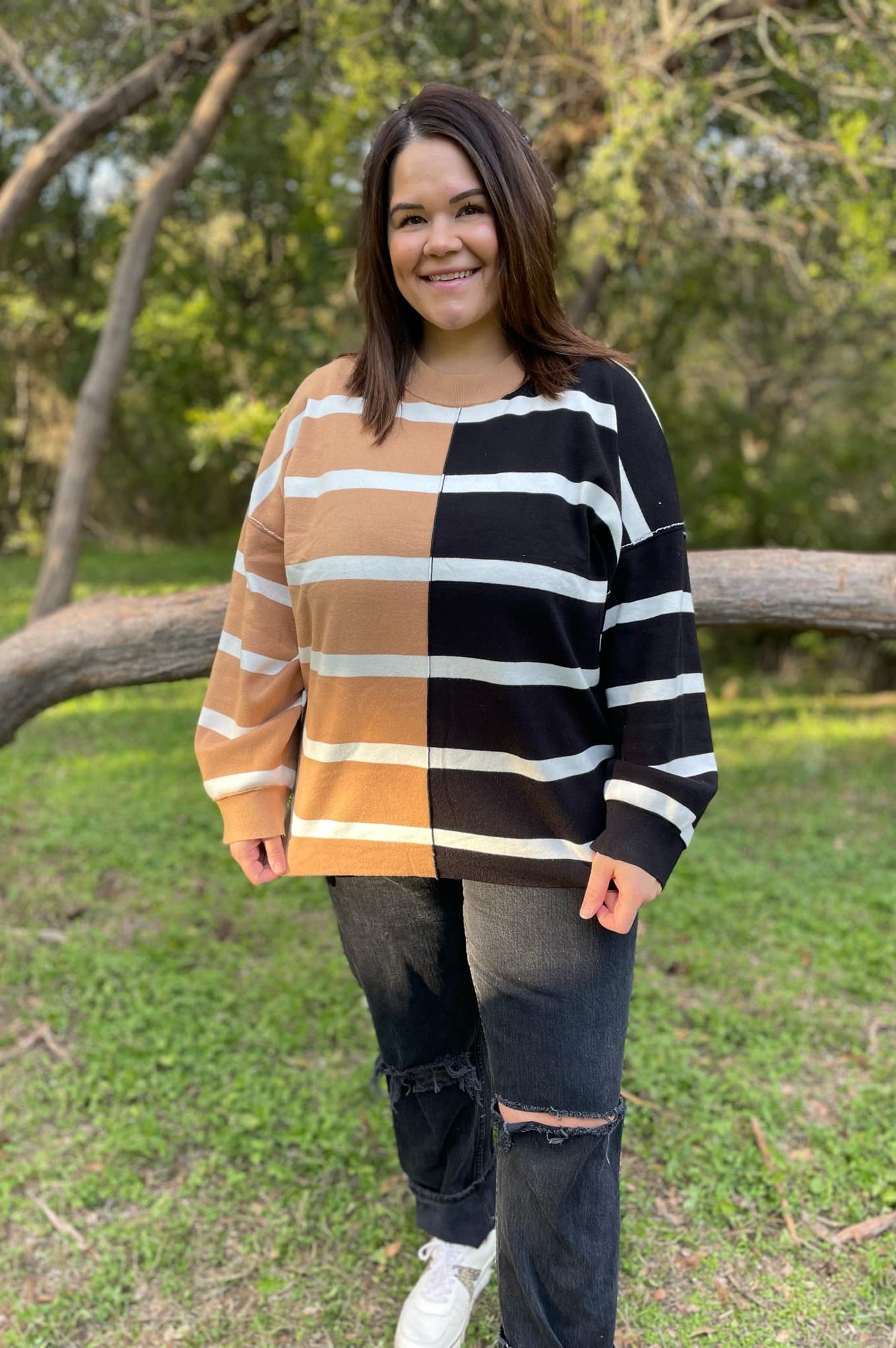PREORDER: Exceptional Thought Striped Patchwork Sweater in Three Colors-Womens-Stay Foxy Boutique, Florissant, Missouri