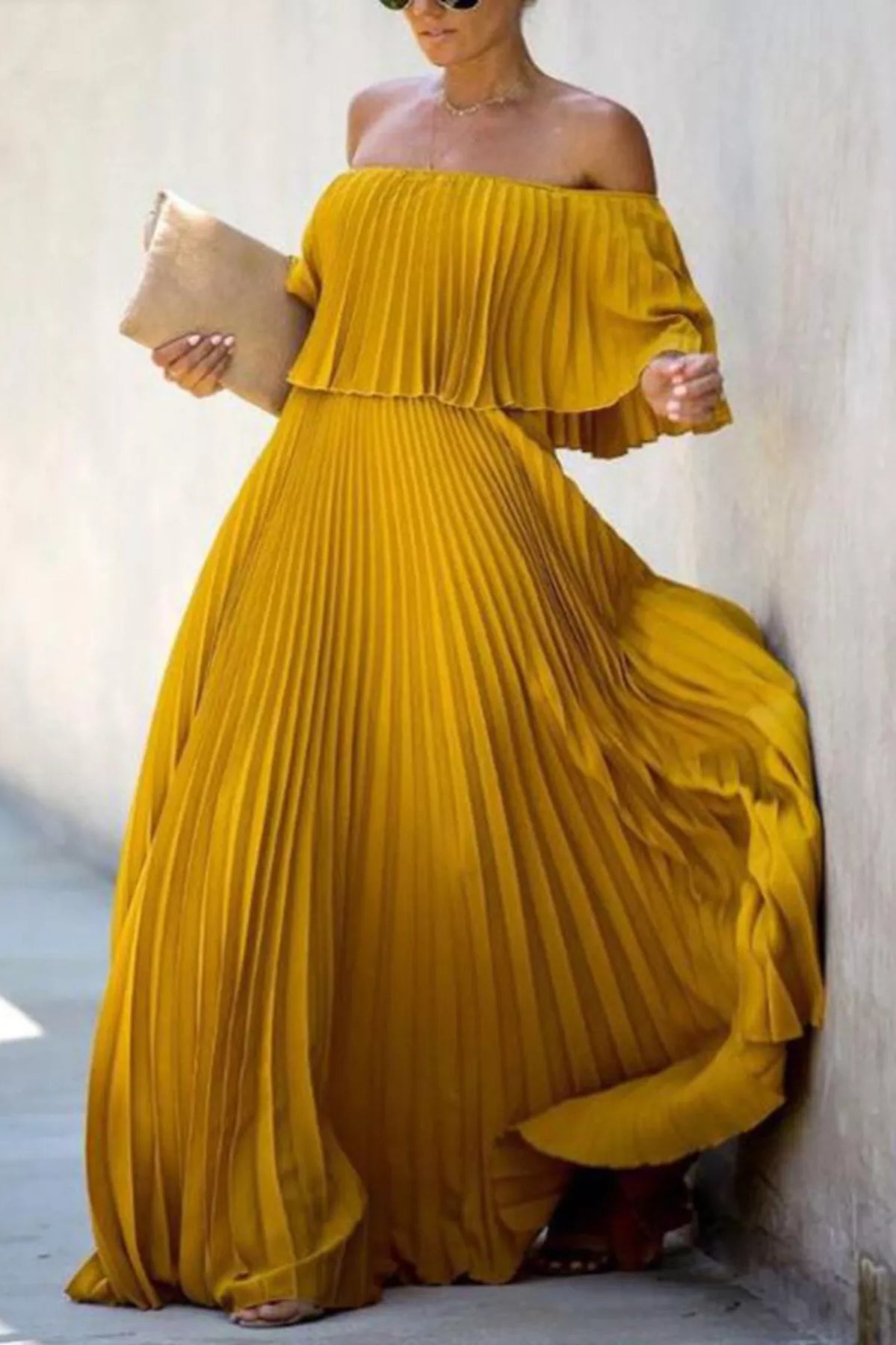 Full Size Off-Shoulder Pleated Maxi Dress Plus Size-Stay Foxy Boutique, Florissant, Missouri