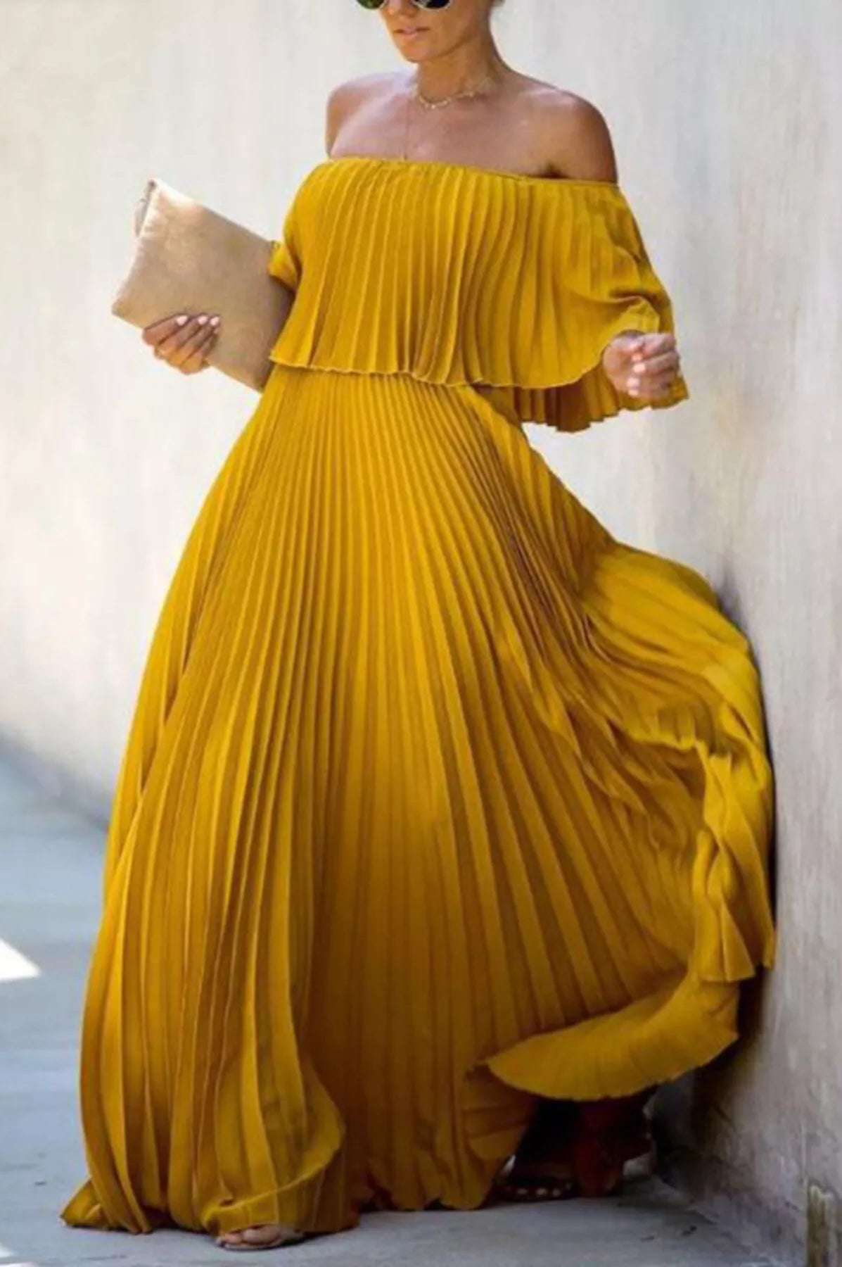 Full Size Off-Shoulder Pleated Maxi Dress Plus Size-Stay Foxy Boutique, Florissant, Missouri
