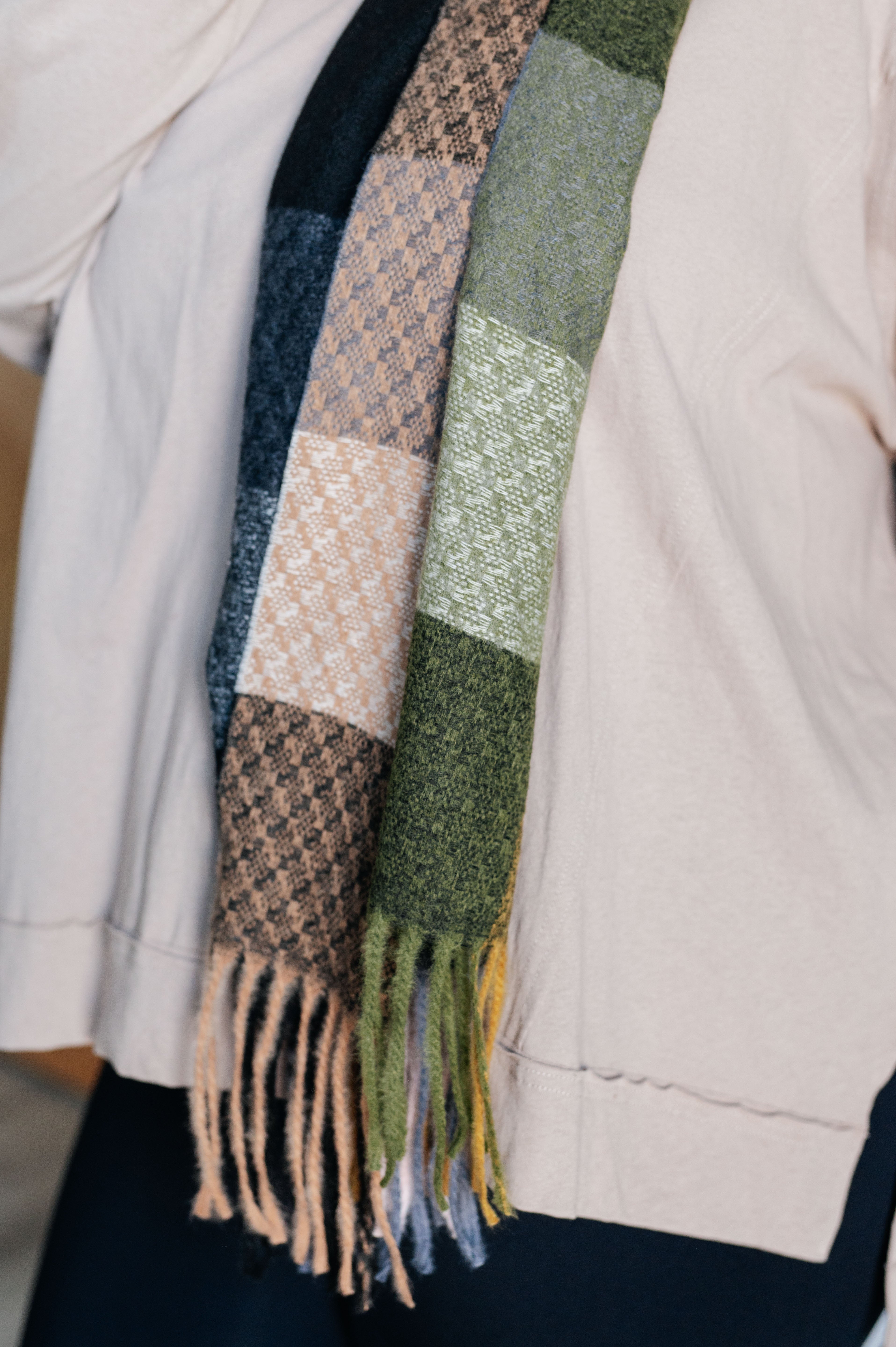 Keep Me Cozy Checkered Fringe Scarf in Woodland Shades-Accessories-Stay Foxy Boutique, Florissant, Missouri