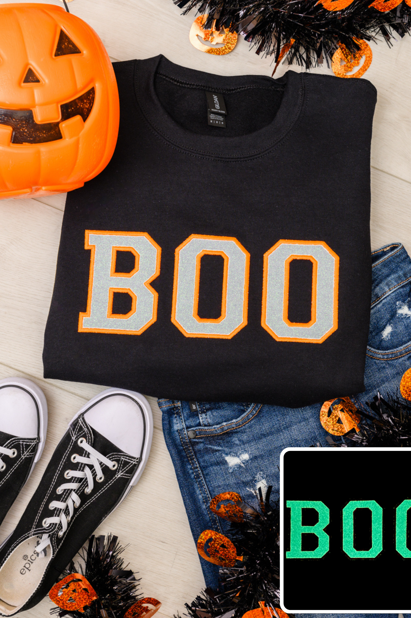 PREORDER: Glow in the Dark Boo Applique Sweatshirt-Womens-Stay Foxy Boutique, Florissant, Missouri