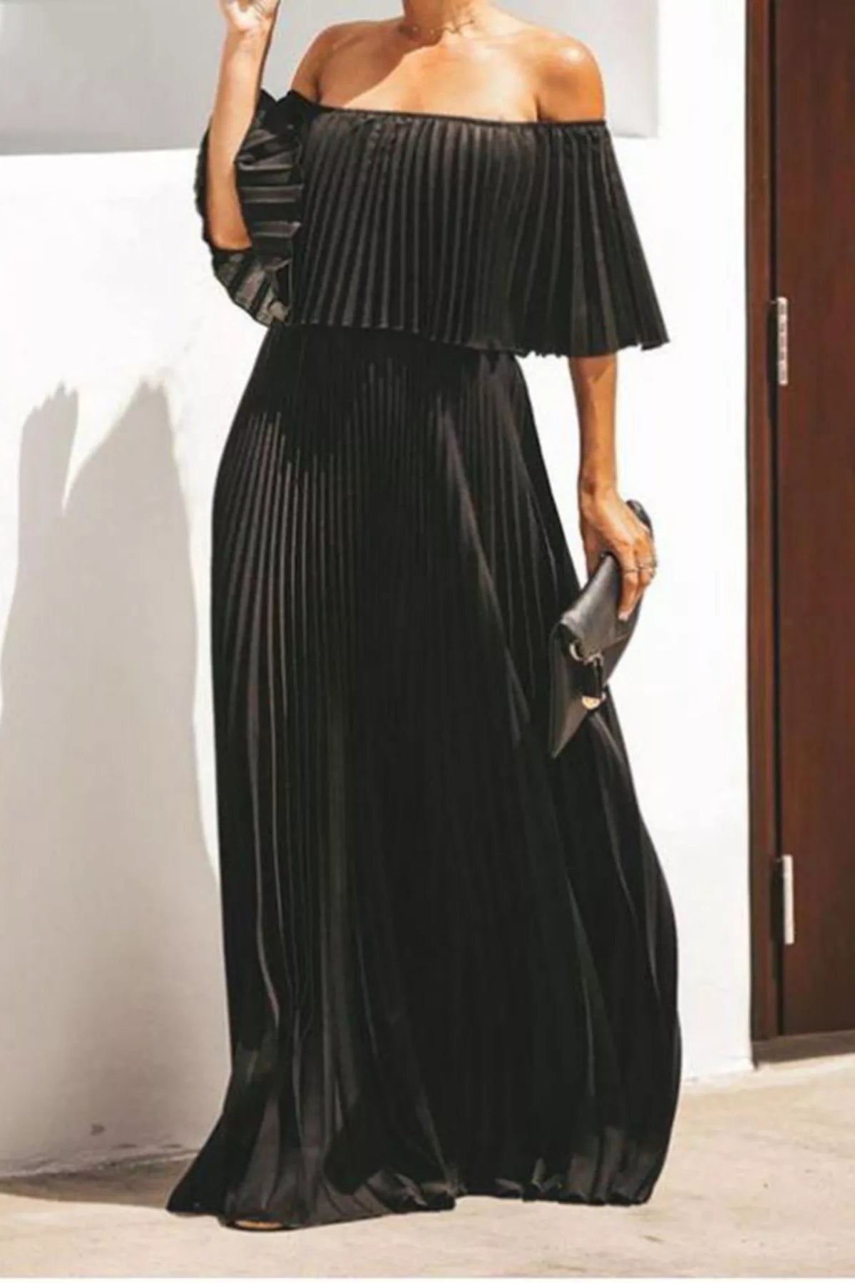 Full Size Off-Shoulder Pleated Maxi Dress Plus Size-Stay Foxy Boutique, Florissant, Missouri