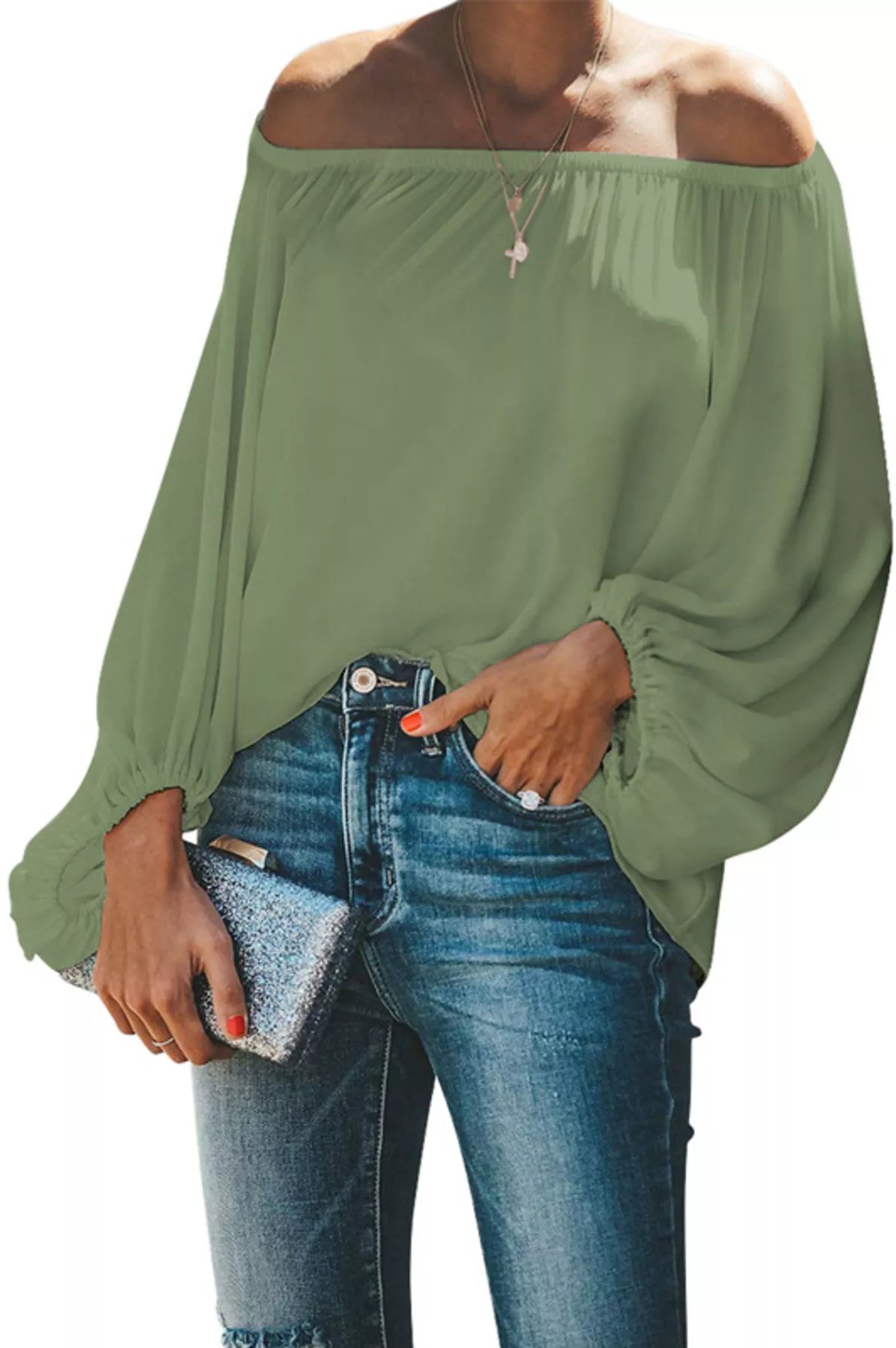 Full Size Off-Shoulder Balloon Sleeve Blouse Plus Size-Stay Foxy Boutique, Florissant, Missouri