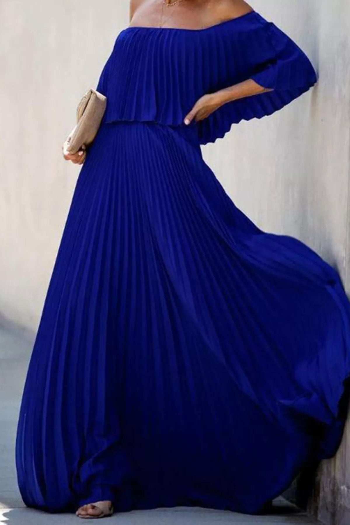 Full Size Off-Shoulder Pleated Maxi Dress Plus Size-Stay Foxy Boutique, Florissant, Missouri