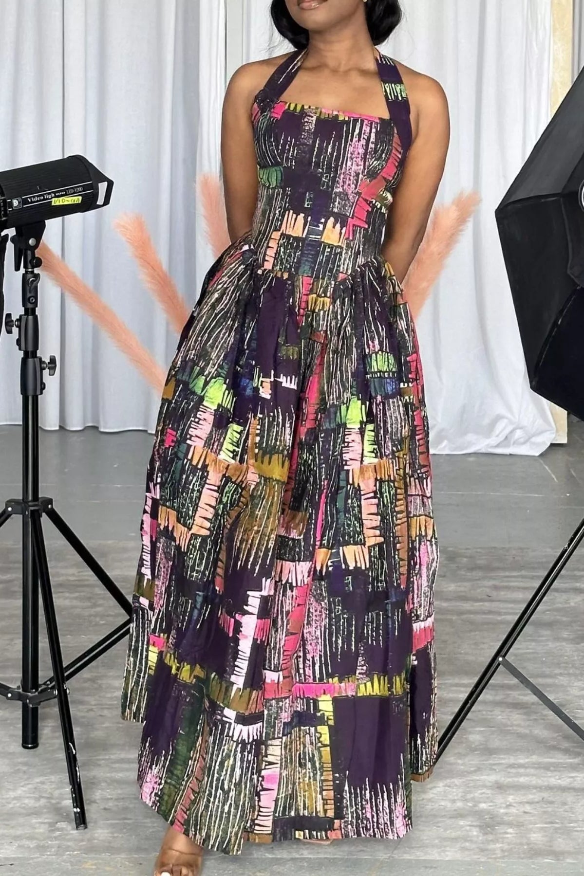 Full Size Abstract Print Halter Neck Maxi Dress Plus Size-Stay Foxy Boutique, Florissant, Missouri