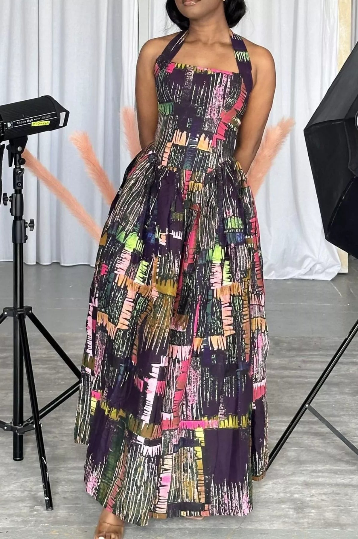 Full Size Abstract Print Halter Neck Maxi Dress Plus Size-Stay Foxy Boutique, Florissant, Missouri