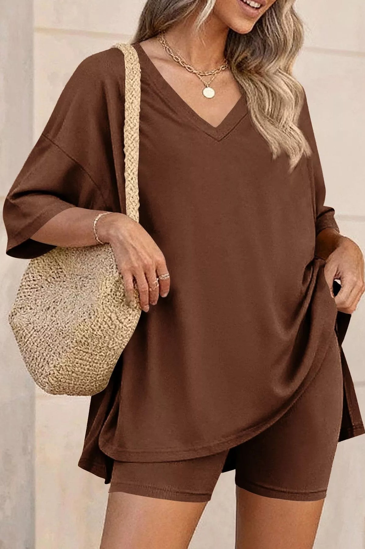 Full Size Casual Loose V-Neck T-Shirt & Shorts Set Plus Size-Stay Foxy Boutique, Florissant, Missouri