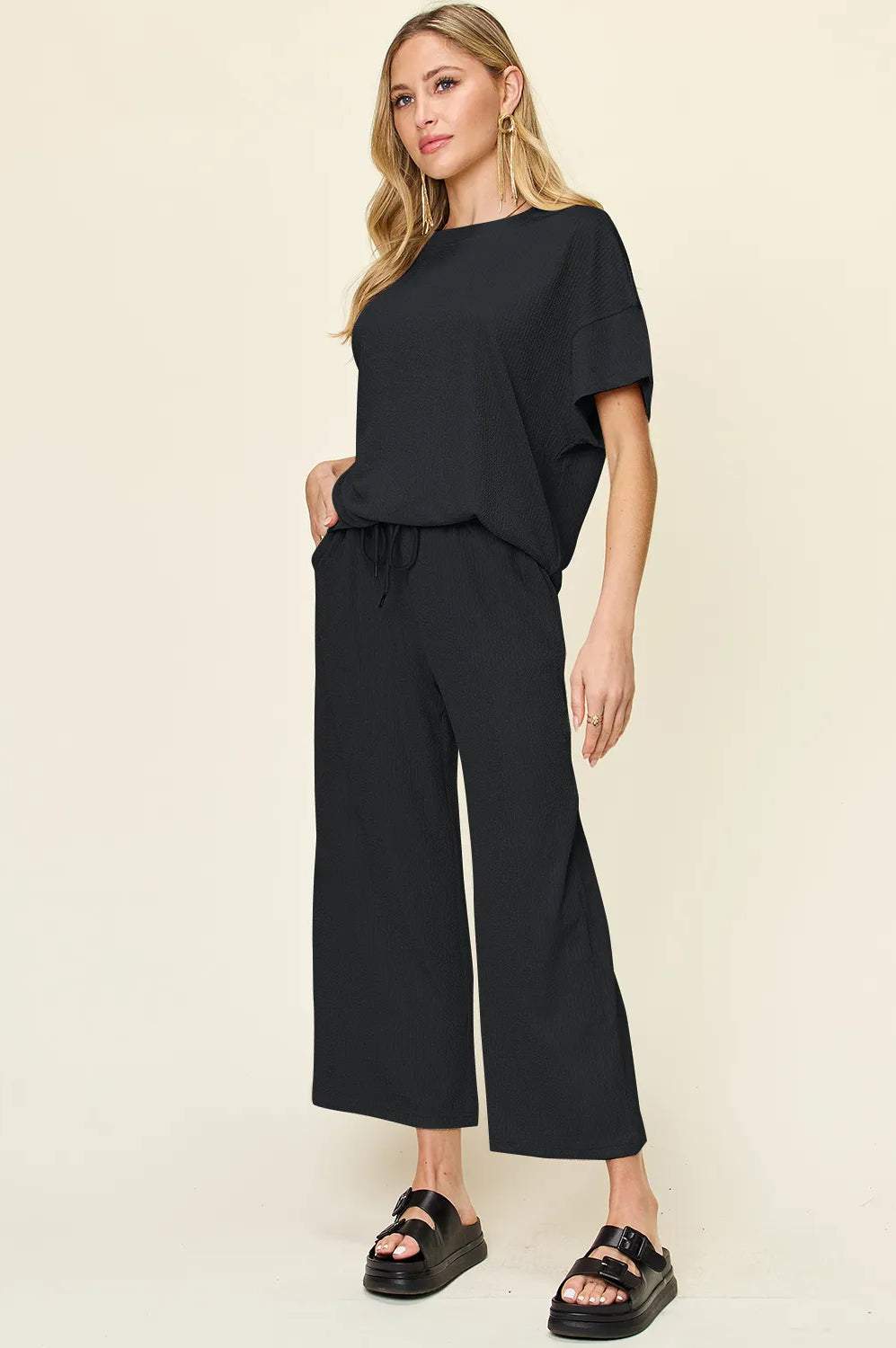 Double Take Full Size Texture Round Neck Short Sleeve T-Shirt and Wide Leg Pants-Stay Foxy Boutique, Florissant, Missouri