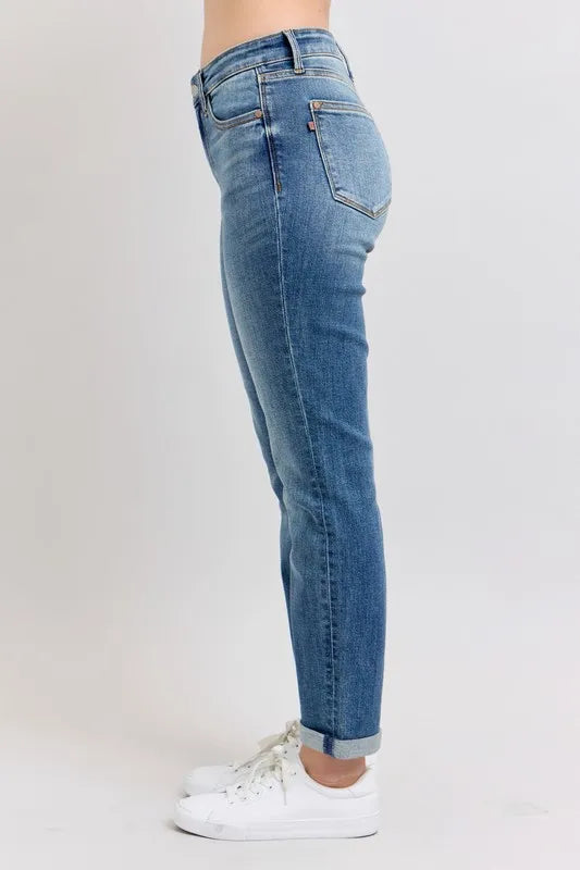 Judy Blue Full Size Mid Rise Skinny Cuff Jeans with Pockets Plus Size-Stay Foxy Boutique, Florissant, Missouri