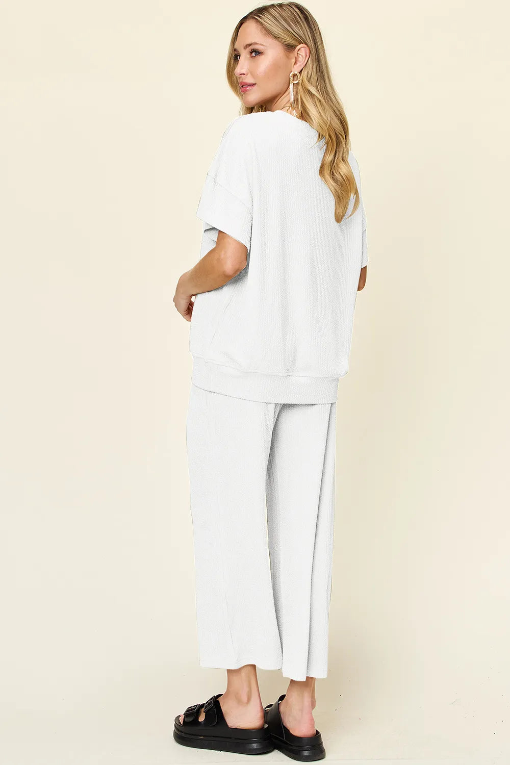 Double Take Full Size Texture Round Neck Short Sleeve T-Shirt and Wide Leg Pants-Stay Foxy Boutique, Florissant, Missouri