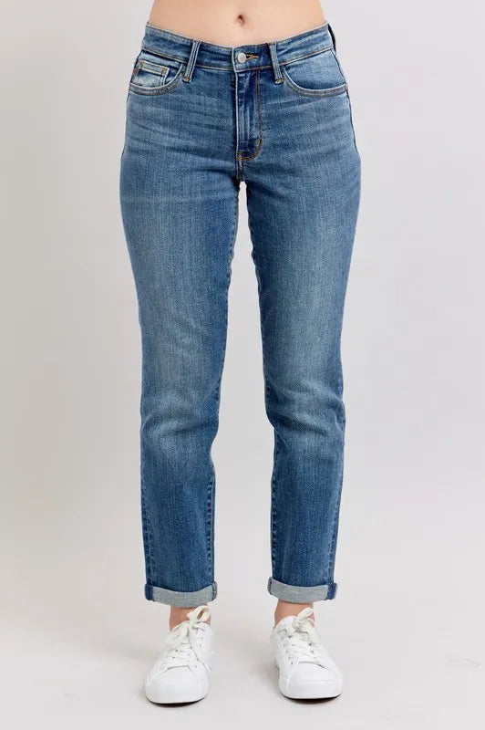 Judy Blue Full Size Mid Rise Skinny Cuff Jeans with Pockets Plus Size-Stay Foxy Boutique, Florissant, Missouri