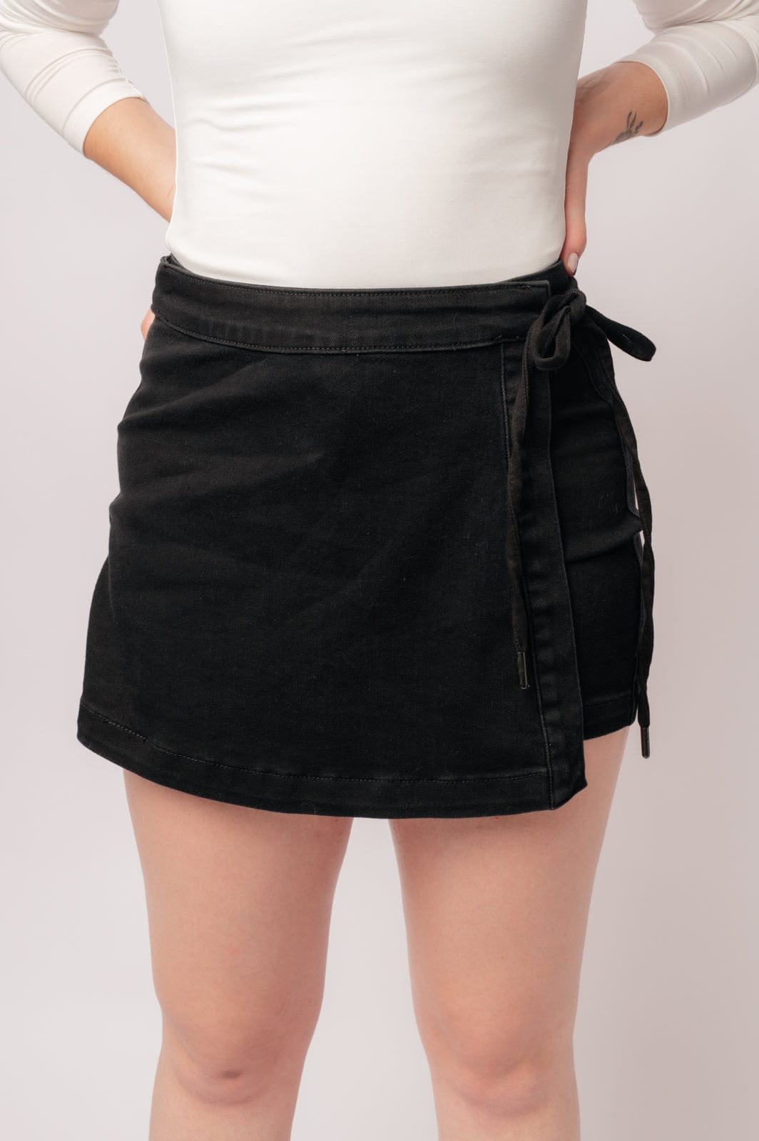 Bentli High Rise Side Tie Denim Skort in Black-Womens-Stay Foxy Boutique, Florissant, Missouri