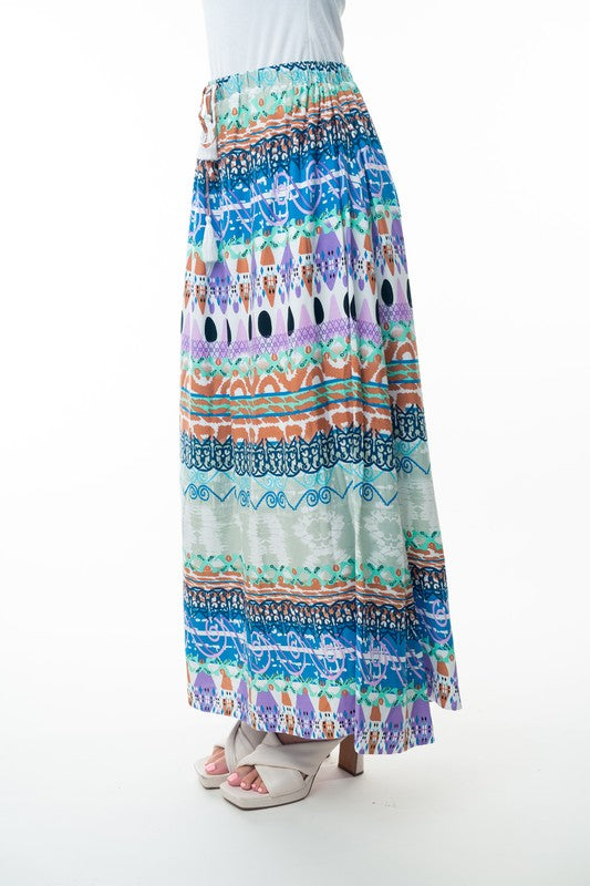 Printed Elastic Waist Band Long Skirt with Tassels in Sage Combo-Womens-Stay Foxy Boutique, Florissant, Missouri