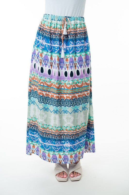 Printed Elastic Waist Band Long Skirt with Tassels in Sage Combo-Womens-Stay Foxy Boutique, Florissant, Missouri