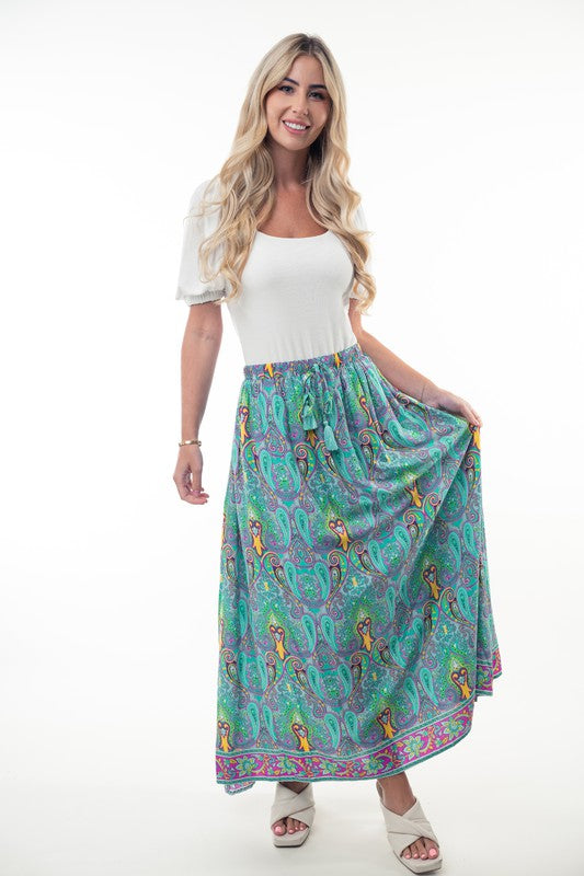 Printed Elastic Waist Band Long Skirt with Tassels in Mint Combo-Womens-Stay Foxy Boutique, Florissant, Missouri