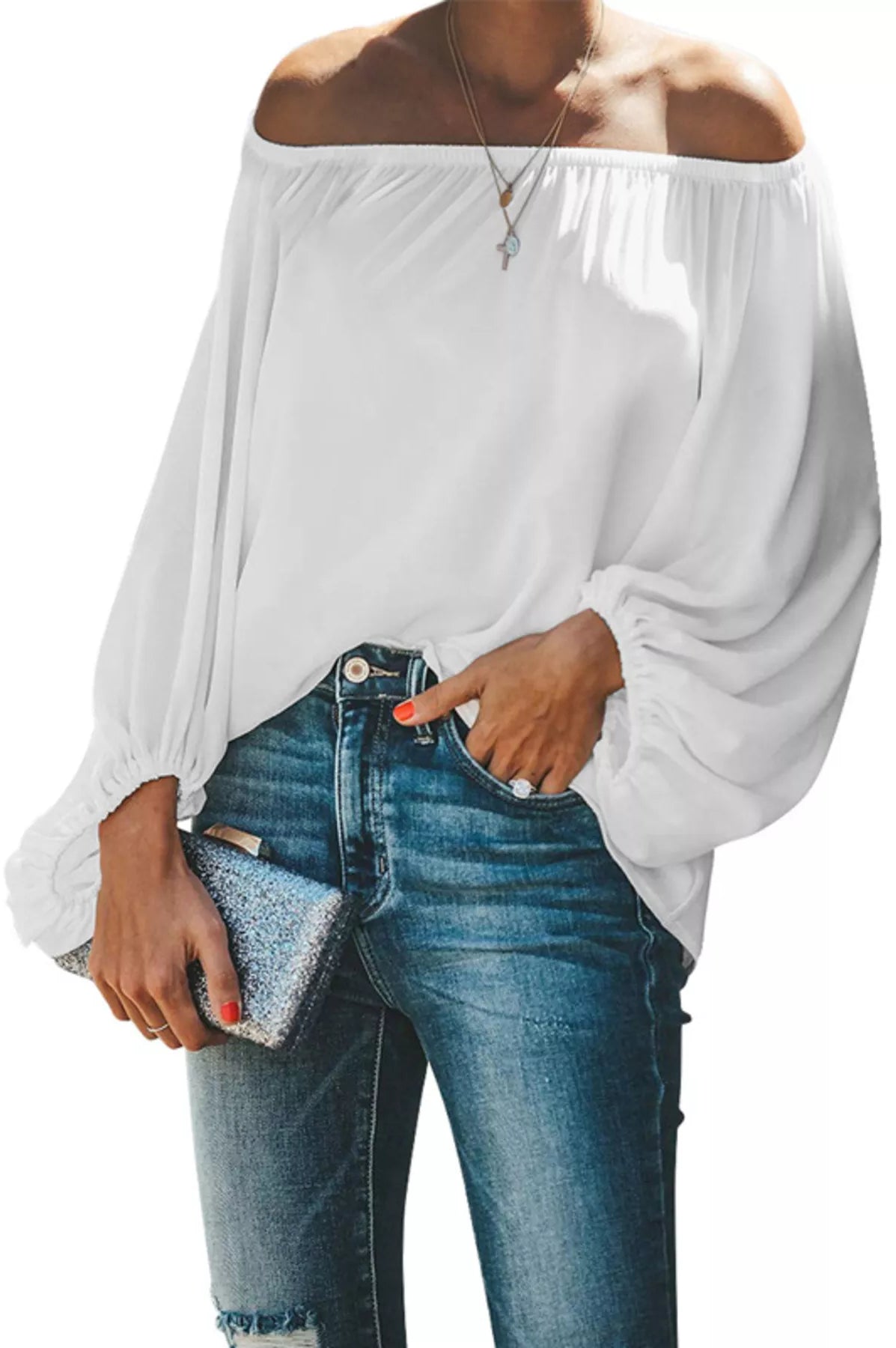 Full Size Off-Shoulder Balloon Sleeve Blouse Plus Size-Stay Foxy Boutique, Florissant, Missouri