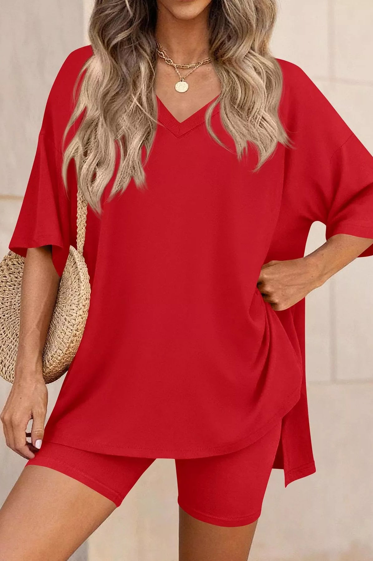 Full Size Casual Loose V-Neck T-Shirt & Shorts Set Plus Size-Stay Foxy Boutique, Florissant, Missouri