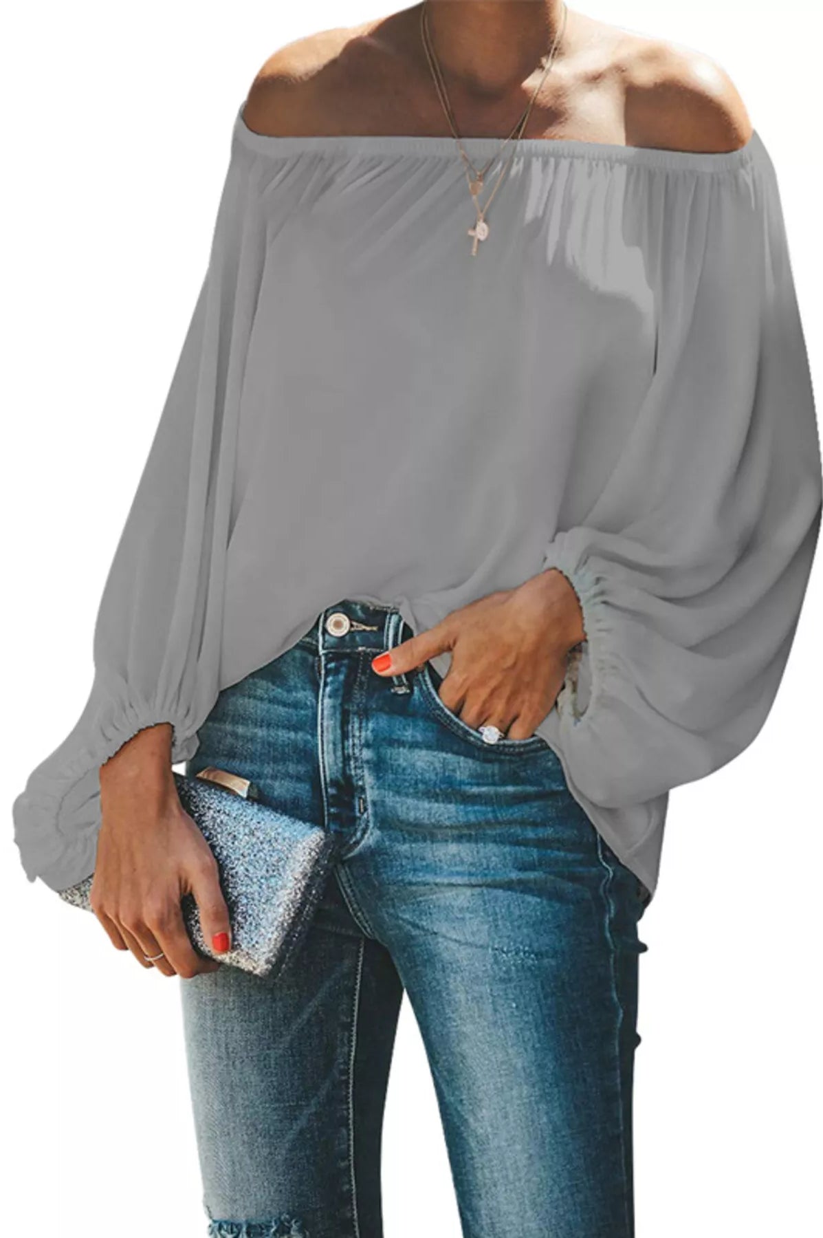 Full Size Off-Shoulder Balloon Sleeve Blouse Plus Size-Stay Foxy Boutique, Florissant, Missouri