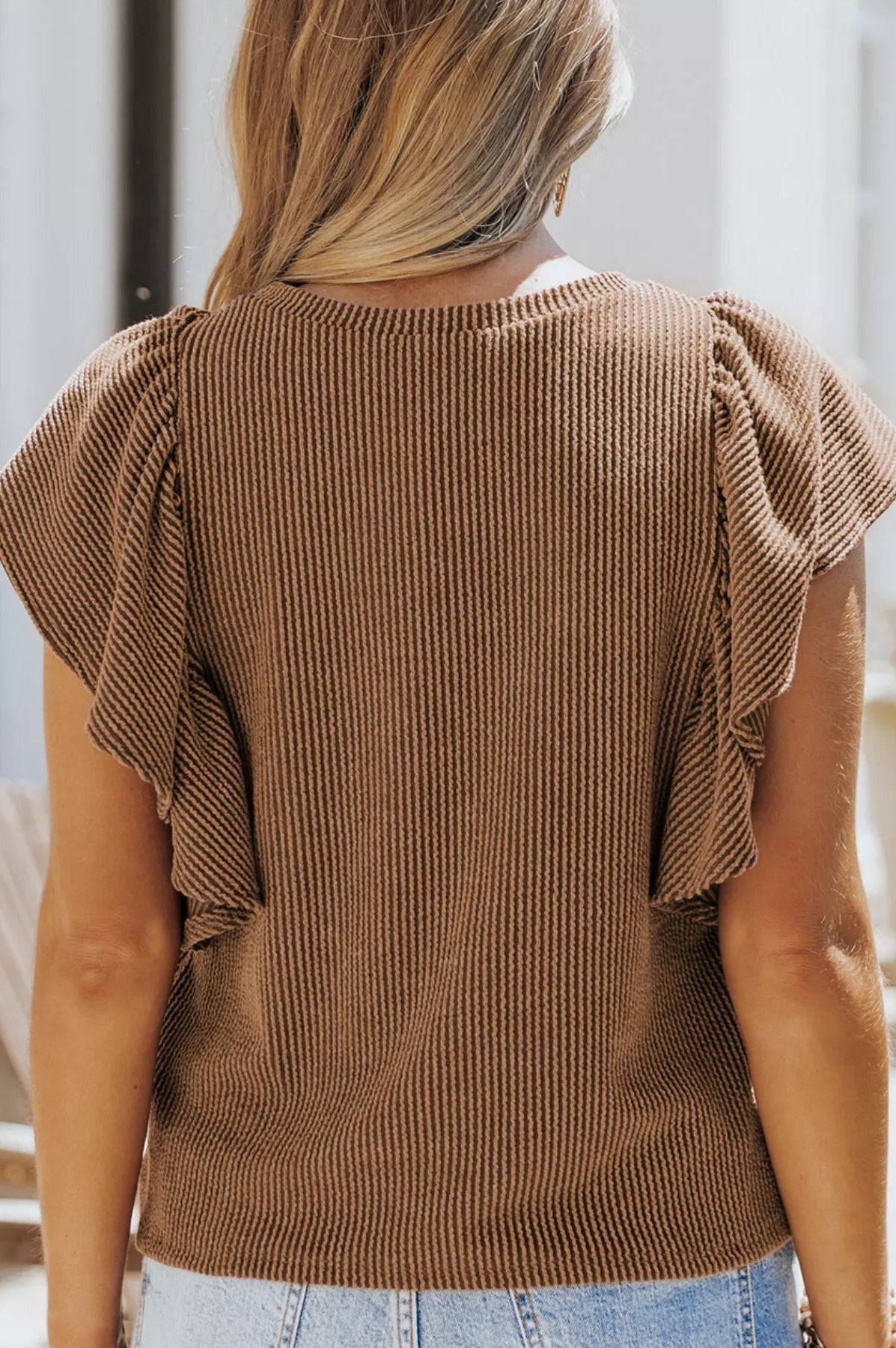 Full Size Ruffled Sleeve Ribbed Knit T-Shirt Plus Size-Stay Foxy Boutique, Florissant, Missouri