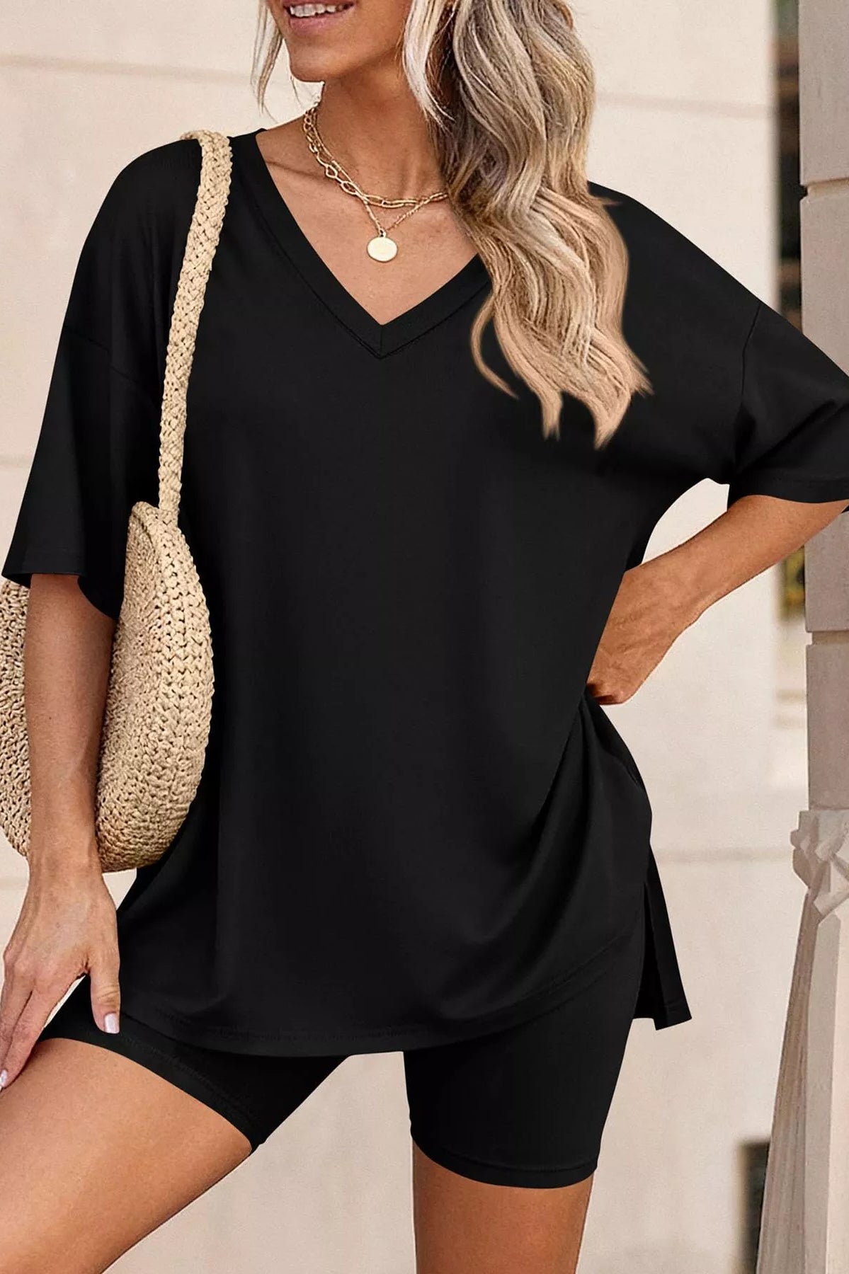 Full Size Casual Loose V-Neck T-Shirt & Shorts Set Plus Size-Stay Foxy Boutique, Florissant, Missouri