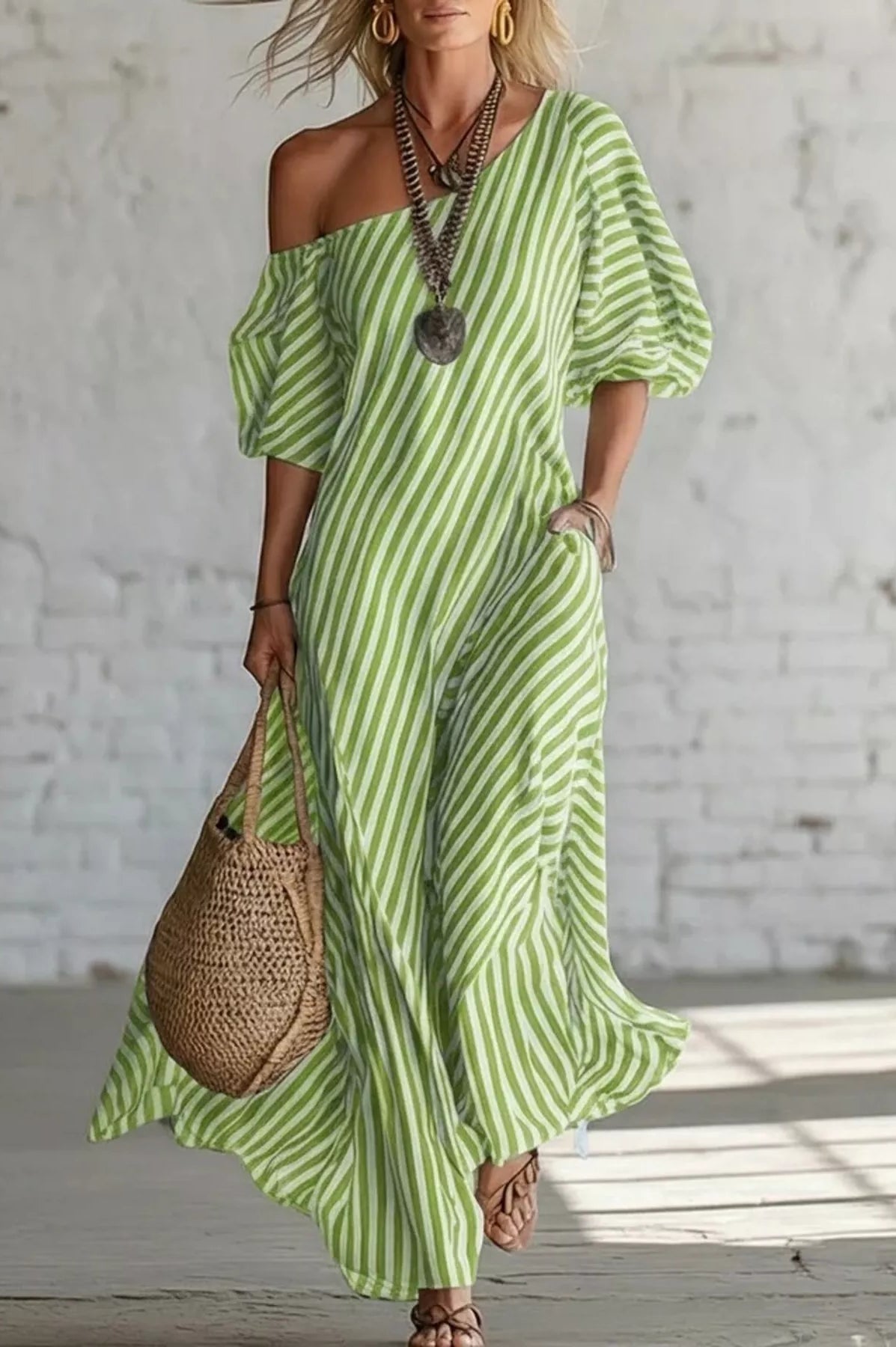 Full Size Striped One-Shoulder Casual Maxi Dress Plus Size-Stay Foxy Boutique, Florissant, Missouri