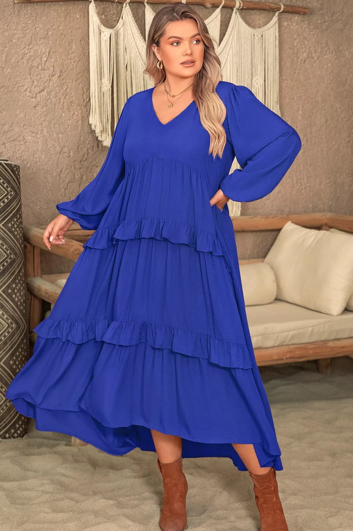 Plus Size Balloon Sleeve Ruffle Tiered Flowy Dress-Stay Foxy Boutique, Florissant, Missouri