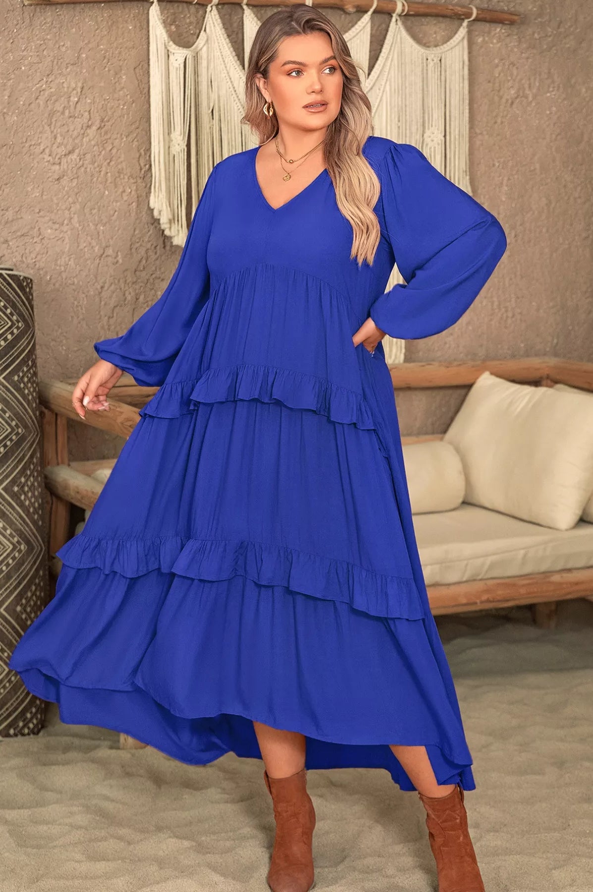 Plus Size Balloon Sleeve Ruffle Tiered Flowy Dress-Stay Foxy Boutique, Florissant, Missouri