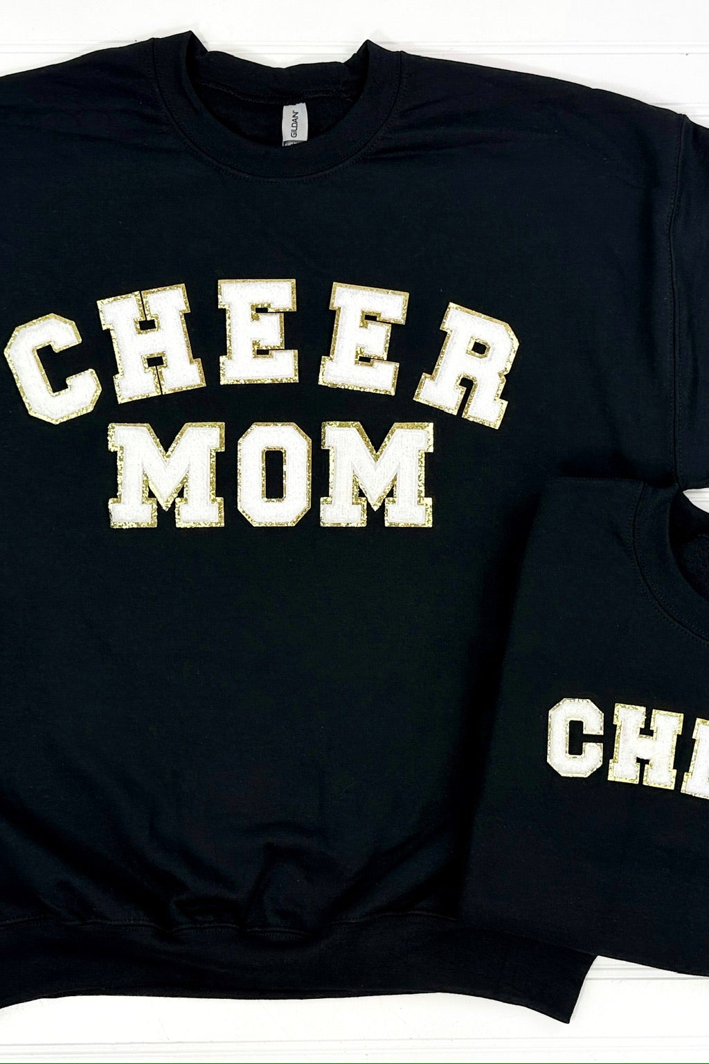 PREORDER: Cheer Mom + Mini Chenille Patch Sweatshirt-Womens-Stay Foxy Boutique, Florissant, Missouri