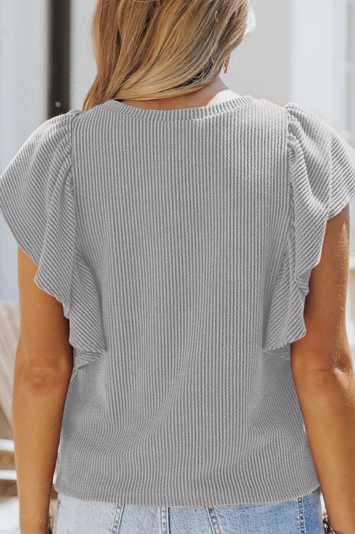 Full Size Ruffled Sleeve Ribbed Knit T-Shirt Plus Size-Stay Foxy Boutique, Florissant, Missouri