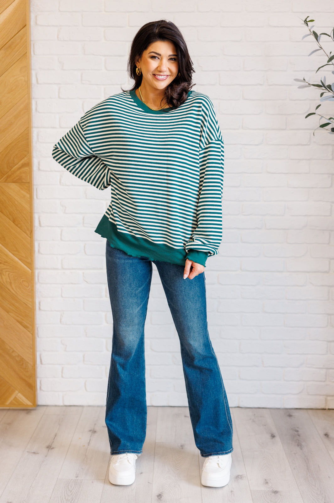 Too Good to be True Striped Drop Shoulder Top in Green-Tops-Stay Foxy Boutique, Florissant, Missouri