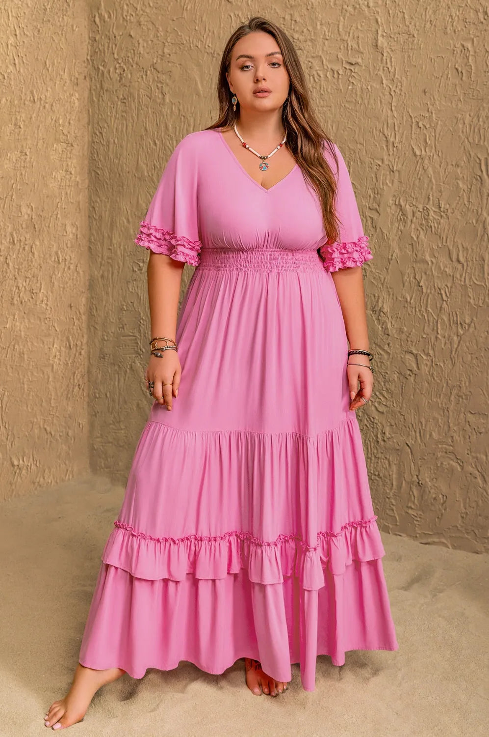 Plus Size V-Neck Half Sleeve Maxi Dress-Stay Foxy Boutique, Florissant, Missouri