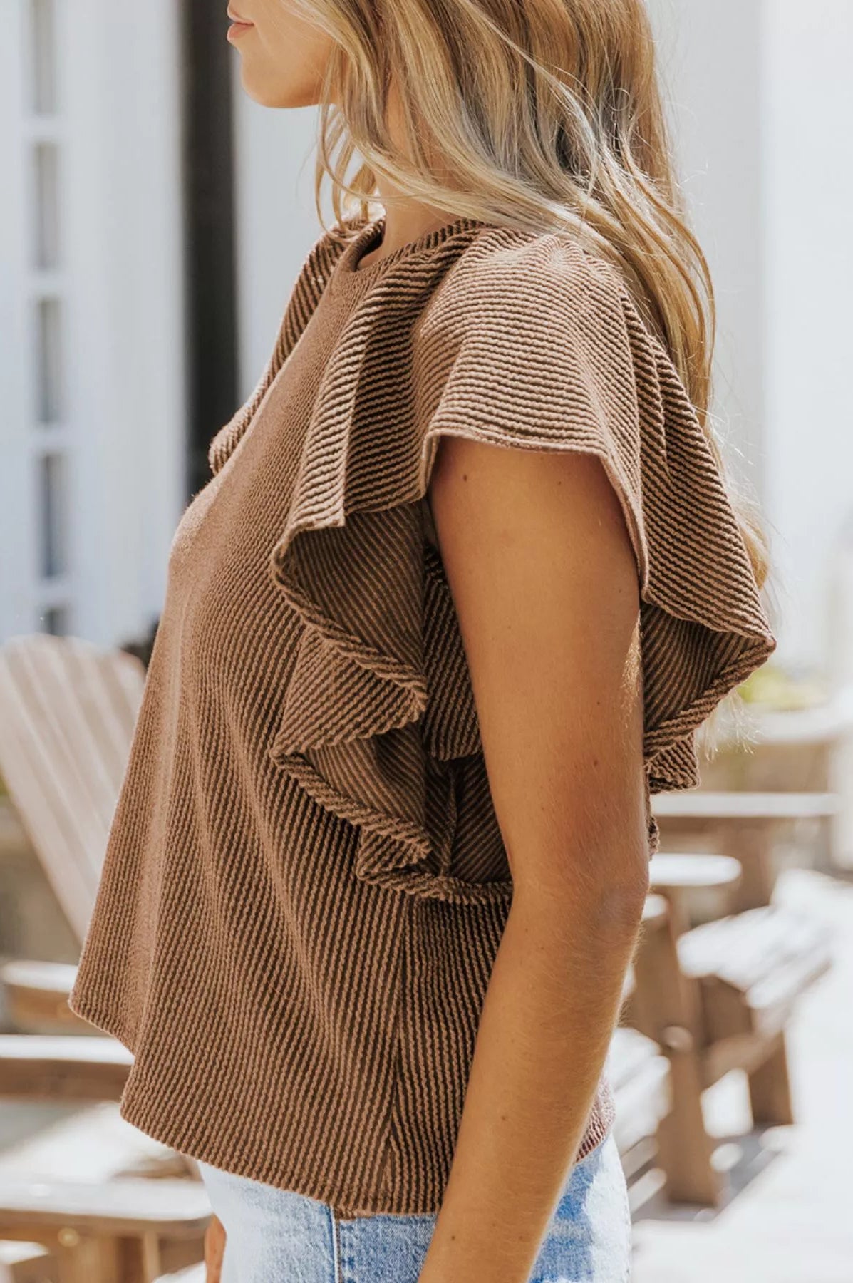 Full Size Ruffled Sleeve Ribbed Knit T-Shirt Plus Size-Stay Foxy Boutique, Florissant, Missouri