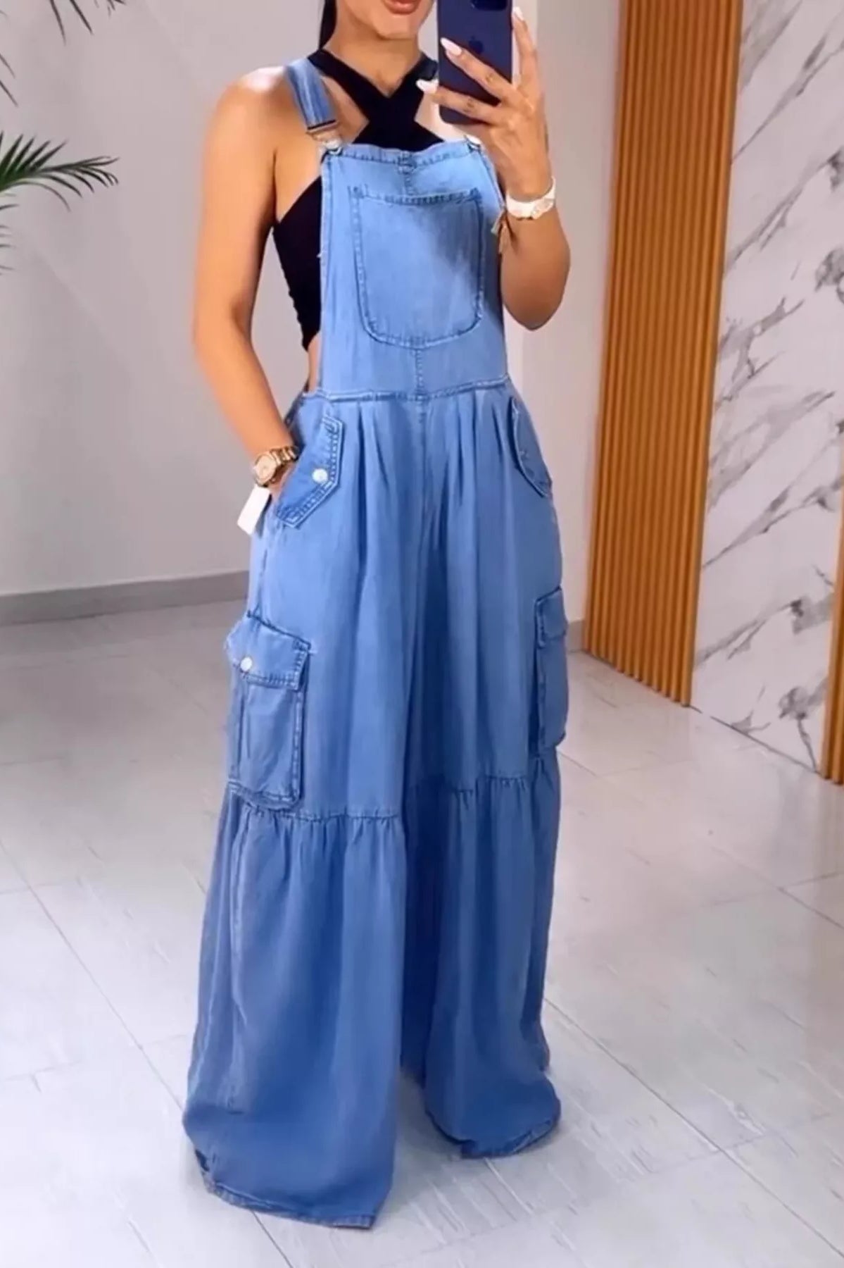 Full Size Pocketed Wide Leg Denim Overalls Plus Size-Stay Foxy Boutique, Florissant, Missouri