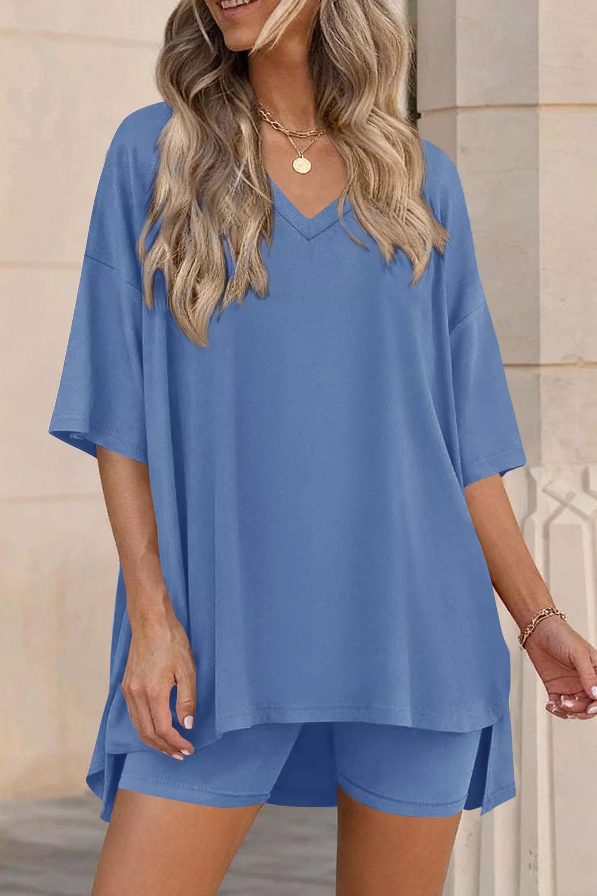 Full Size Casual Loose V-Neck T-Shirt & Shorts Set Plus Size-Stay Foxy Boutique, Florissant, Missouri