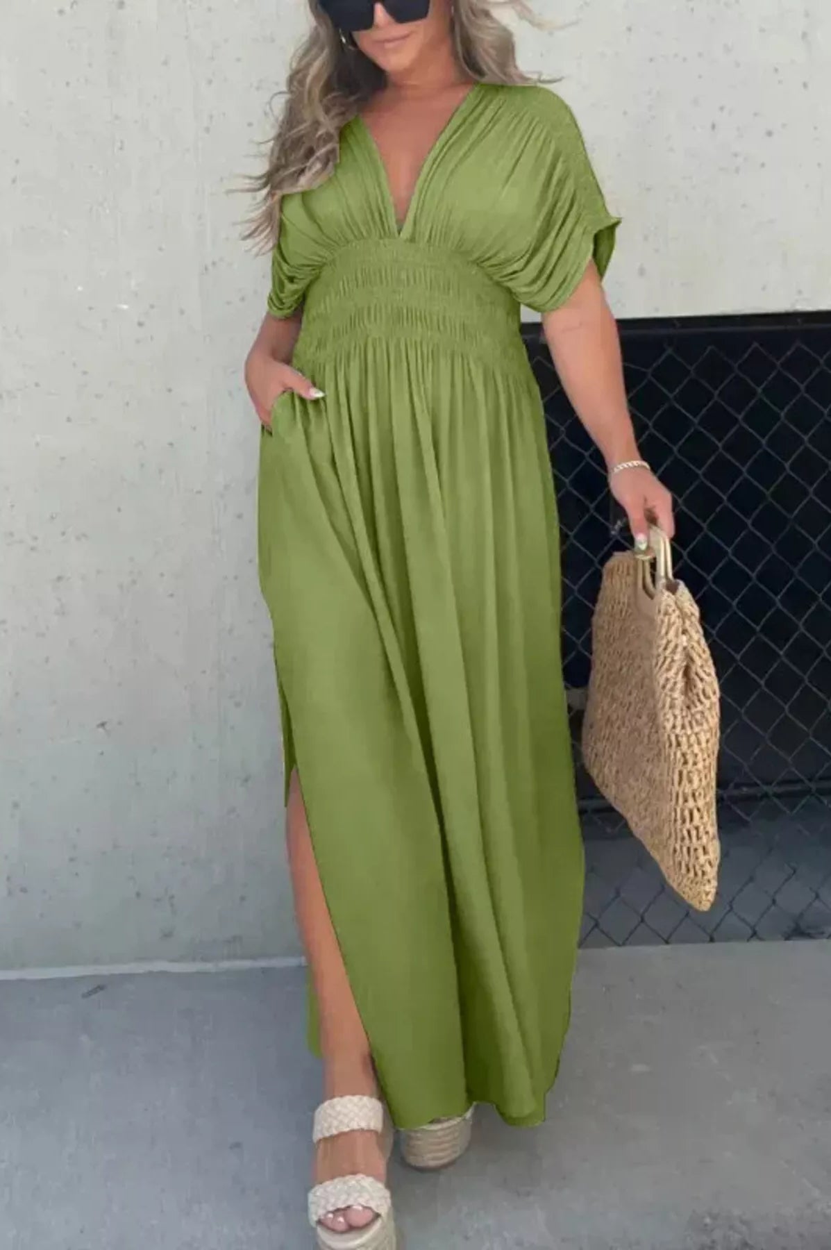 Full Size Slit V-Neck Smocked Waist Maxi Dress Plus Size-Stay Foxy Boutique, Florissant, Missouri