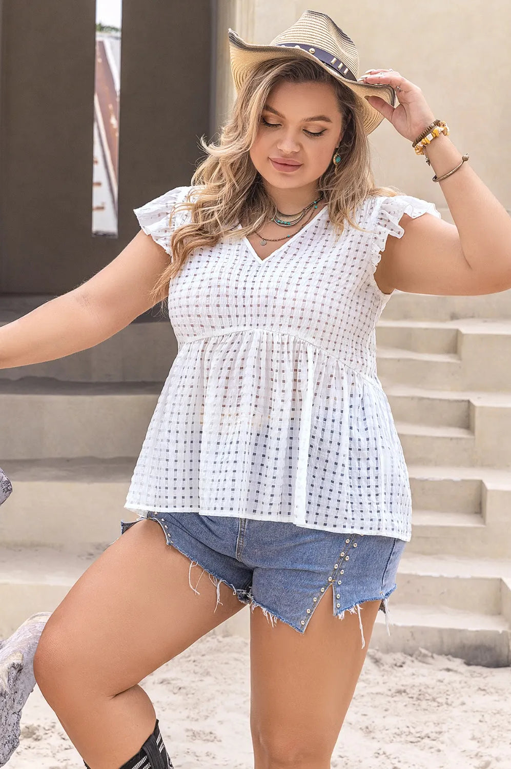 Plus Size V-Neck Cap Sleeve Blouse-Stay Foxy Boutique, Florissant, Missouri