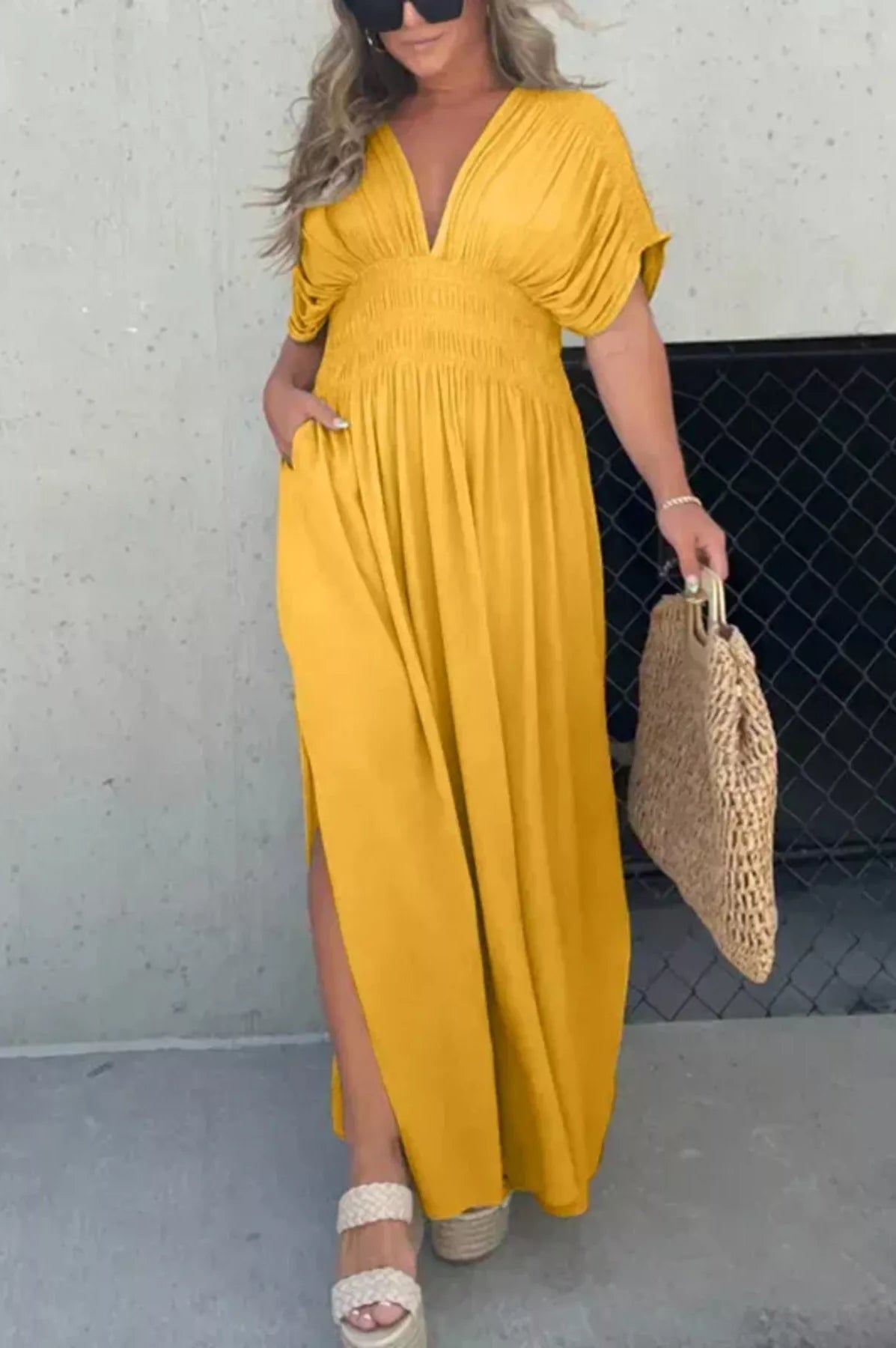 Full Size Slit V-Neck Smocked Waist Maxi Dress Plus Size-Stay Foxy Boutique, Florissant, Missouri