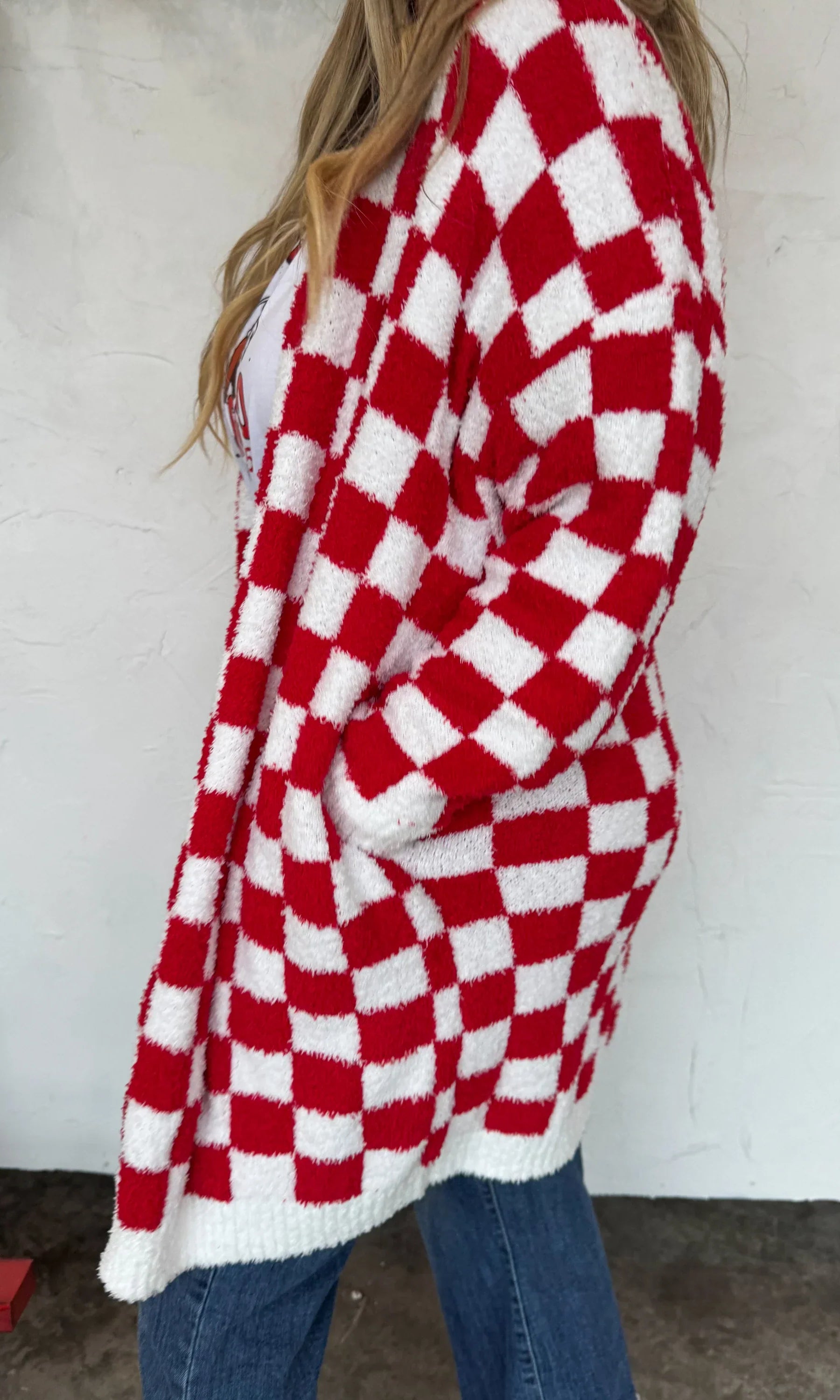 PREORDER: Christmas Cloud Cardigan Red Checker-Womens-Stay Foxy Boutique, Florissant, Missouri