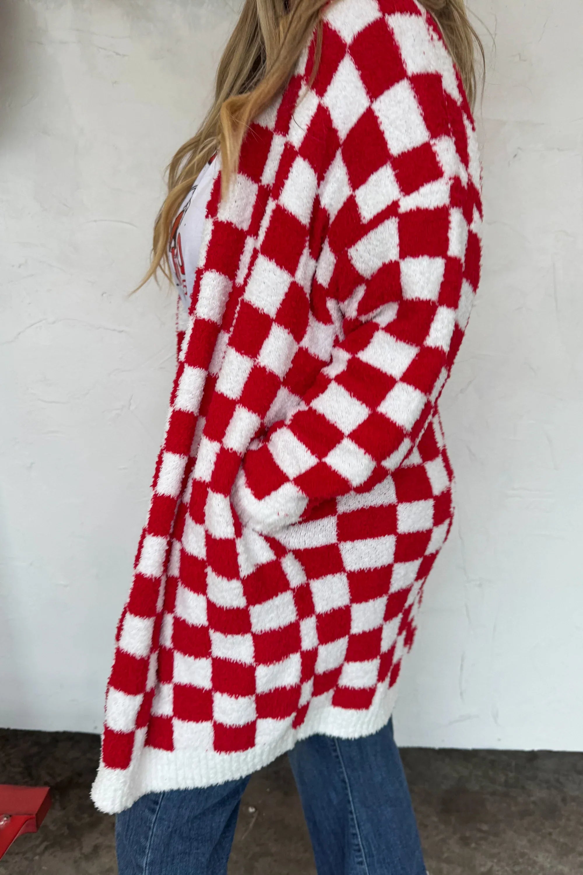 PREORDER: Christmas Cloud Cardigan Red Checker-Womens-Stay Foxy Boutique, Florissant, Missouri
