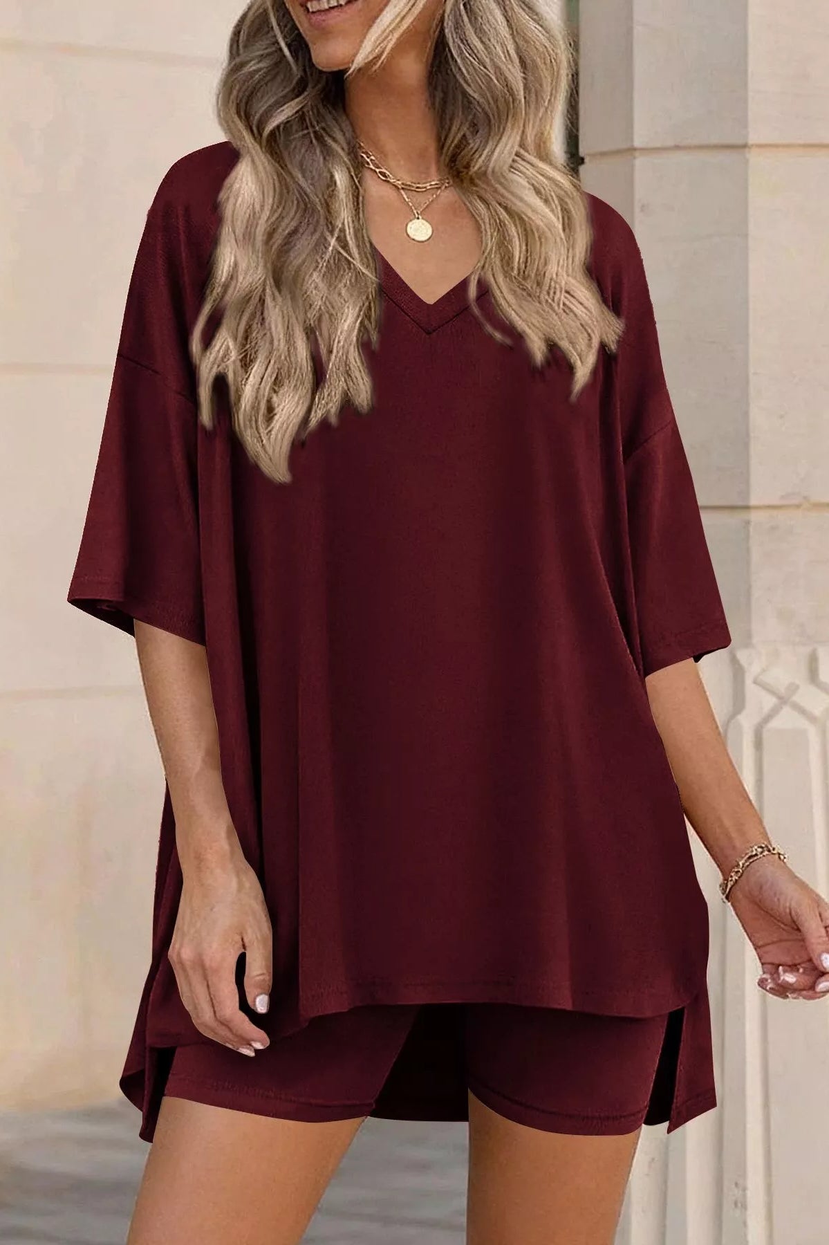 Full Size Casual Loose V-Neck T-Shirt & Shorts Set Plus Size-Stay Foxy Boutique, Florissant, Missouri