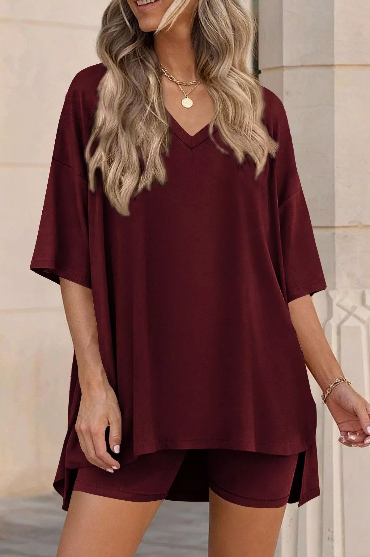Full Size Casual Loose V-Neck T-Shirt & Shorts Set Plus Size-Stay Foxy Boutique, Florissant, Missouri