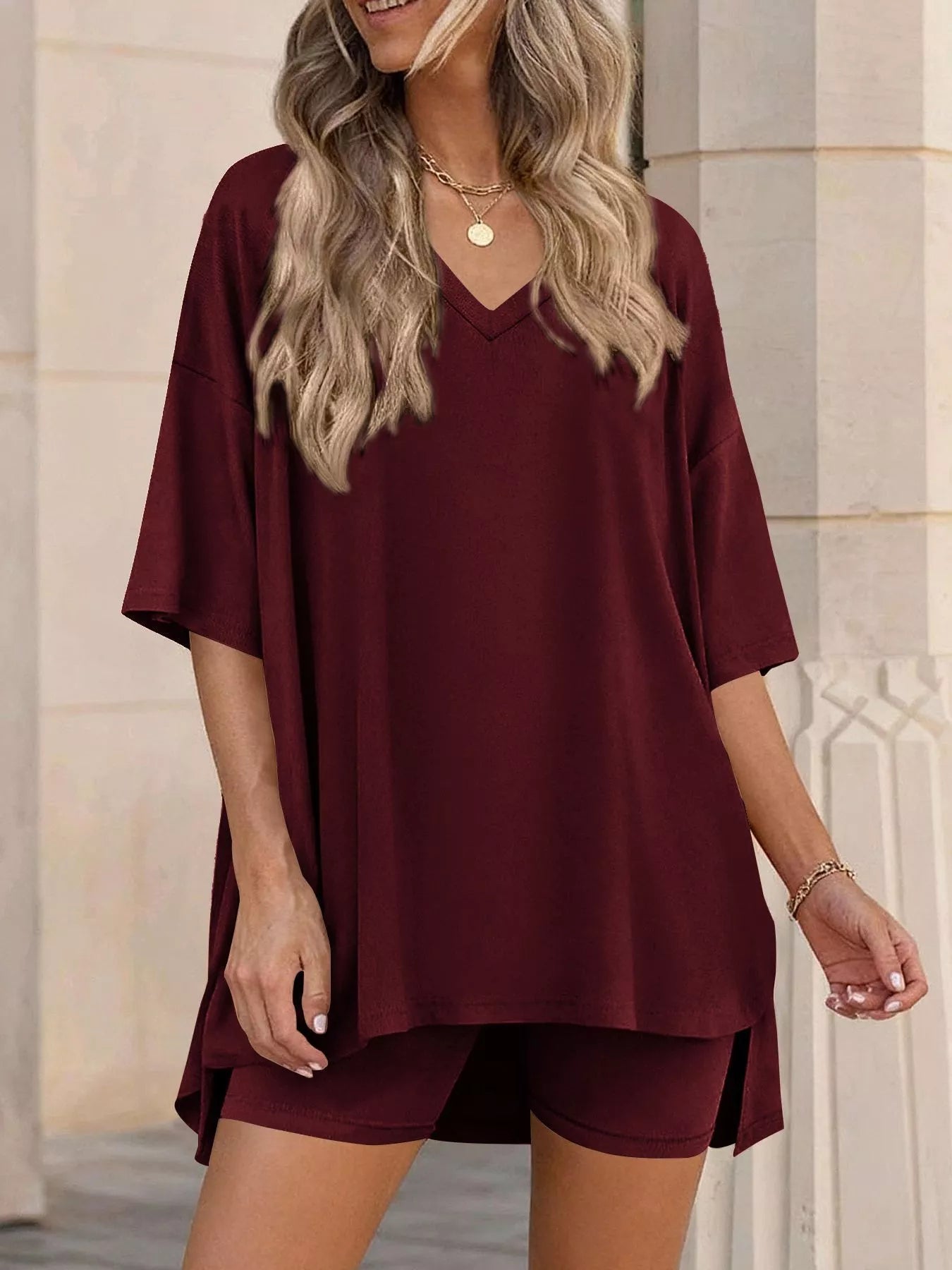 Full Size Casual Loose V-Neck T-Shirt & Shorts Set Plus Size-Stay Foxy Boutique, Florissant, Missouri