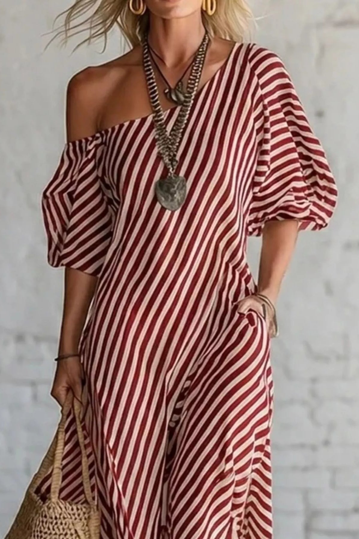 Full Size Striped One-Shoulder Casual Maxi Dress Plus Size-Stay Foxy Boutique, Florissant, Missouri