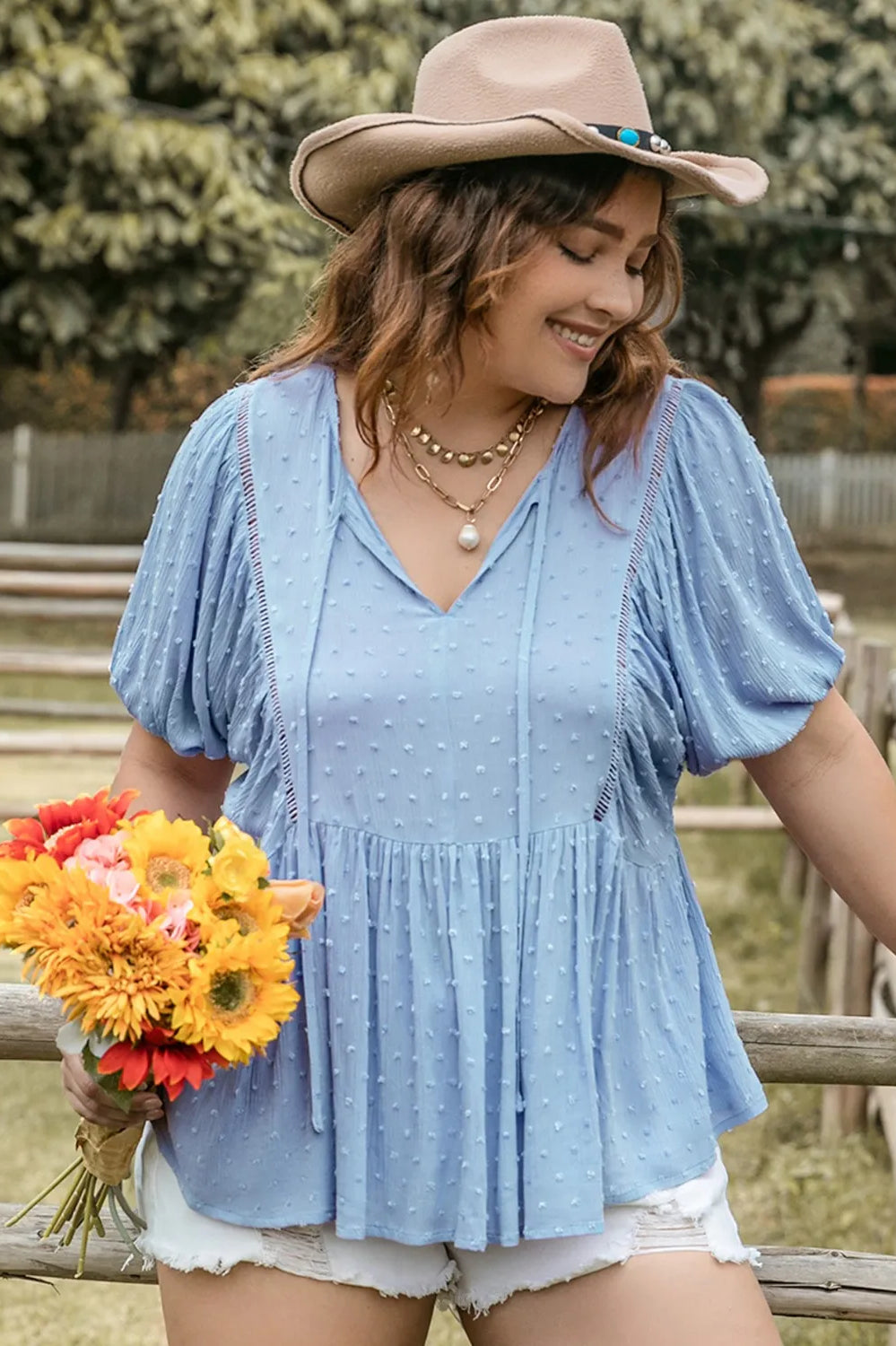 Plus Size Swiss Dot Tie Neck Short Sleeve Blouse-Stay Foxy Boutique, Florissant, Missouri